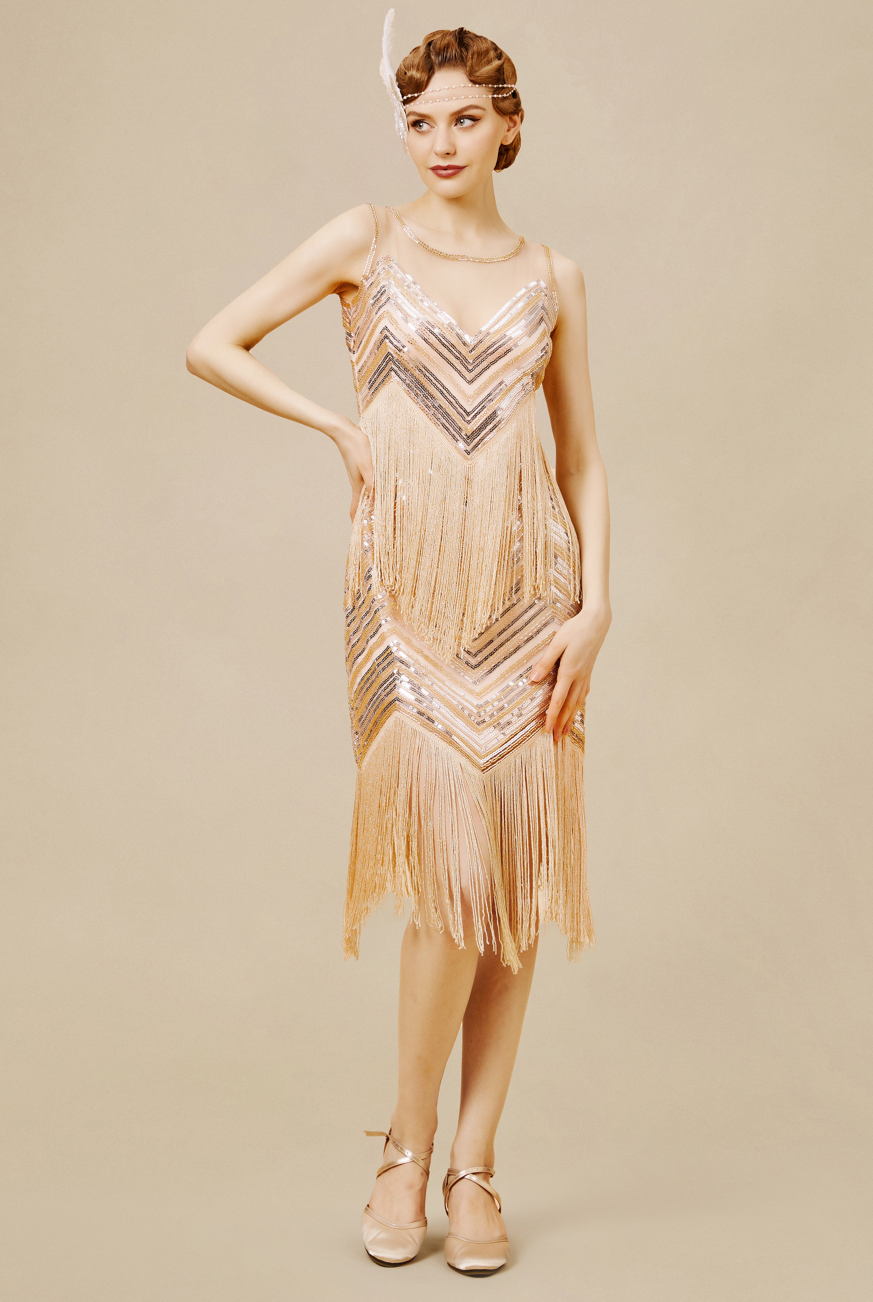 Embroidered Sequin Flapper Tassel Dress | Champagne | 1
