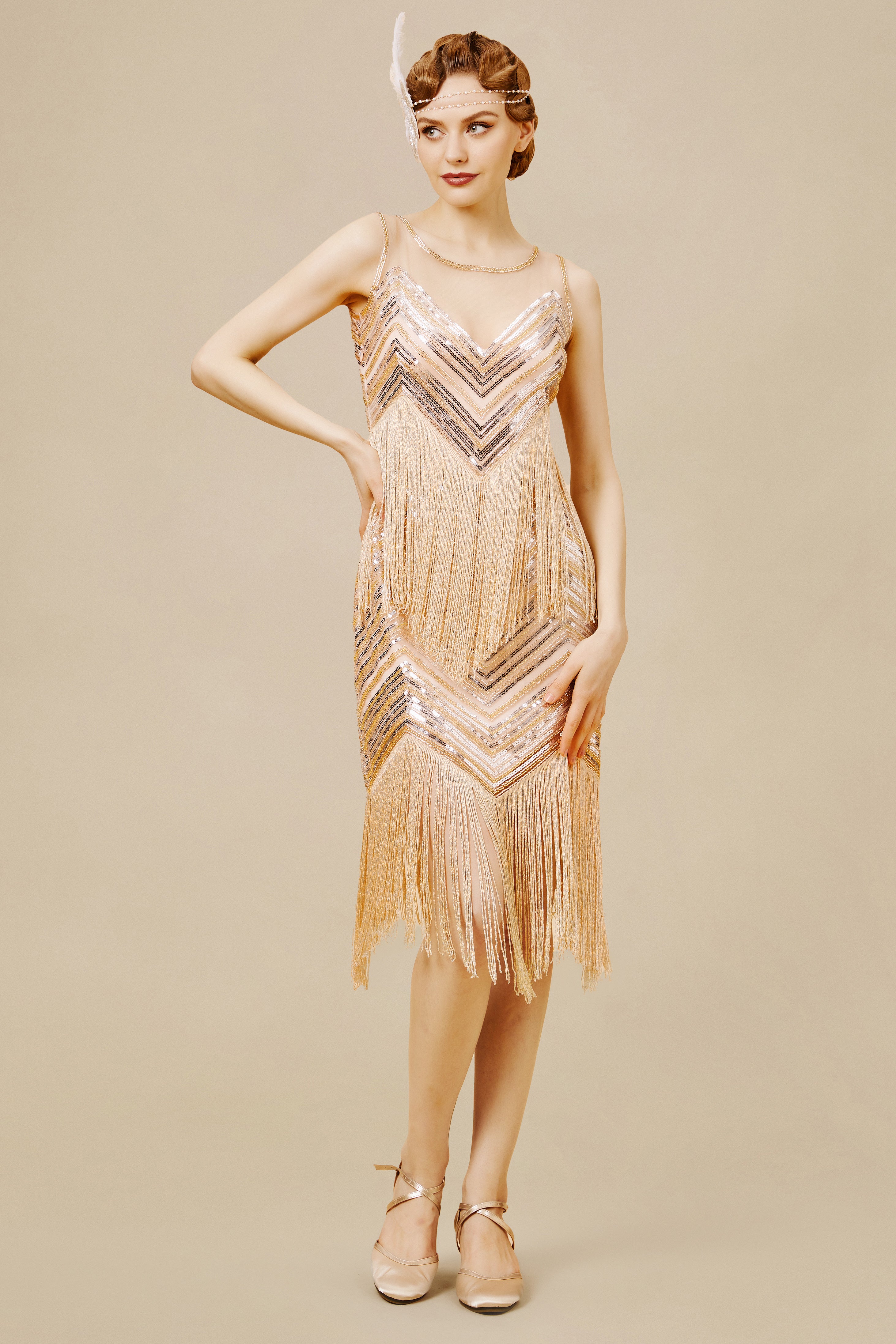 Embroidered Sequin Flapper Tassel Dress | Champagne | 1