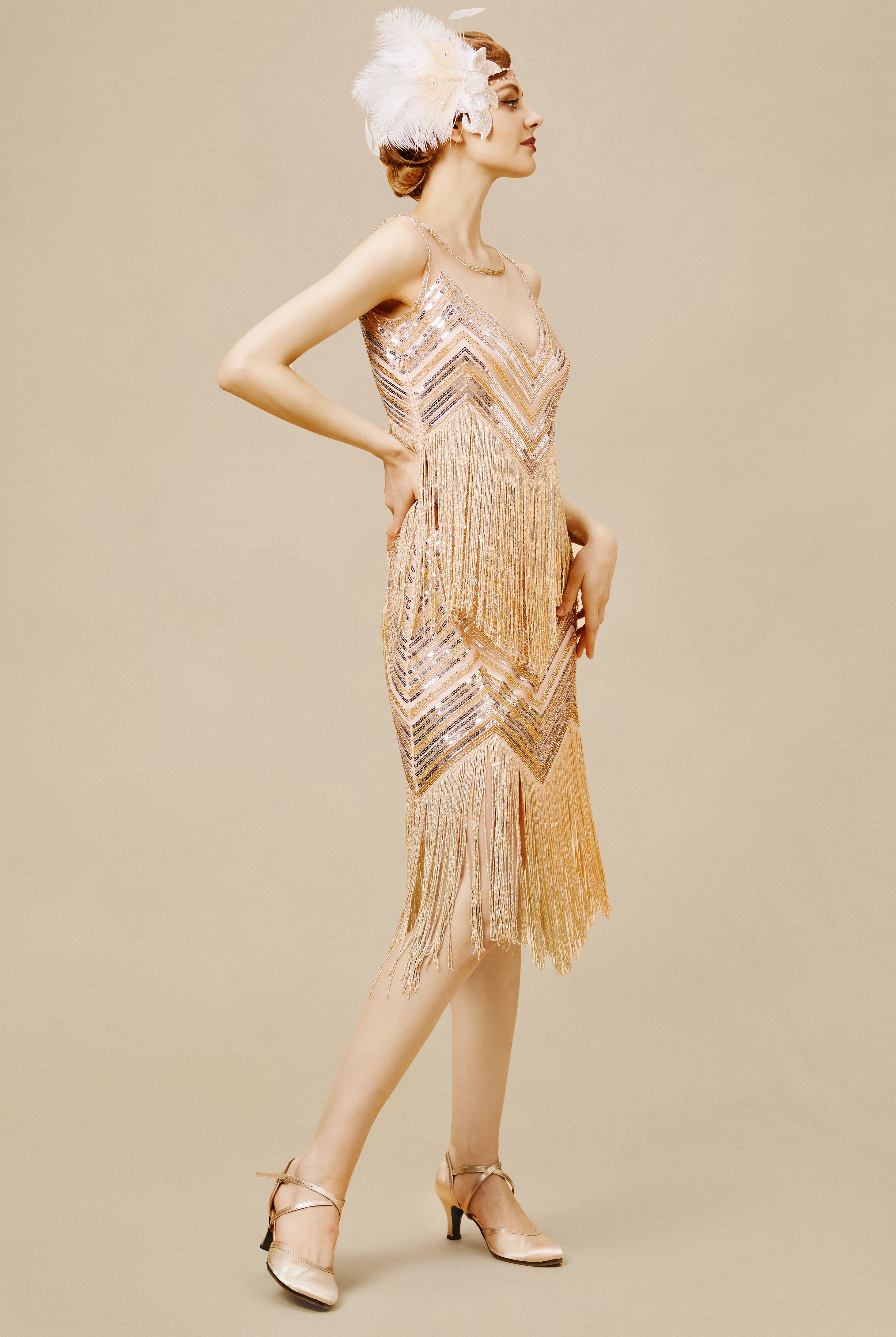 Embroidered Sequin Flapper Tassel Dress | Champagne | 2