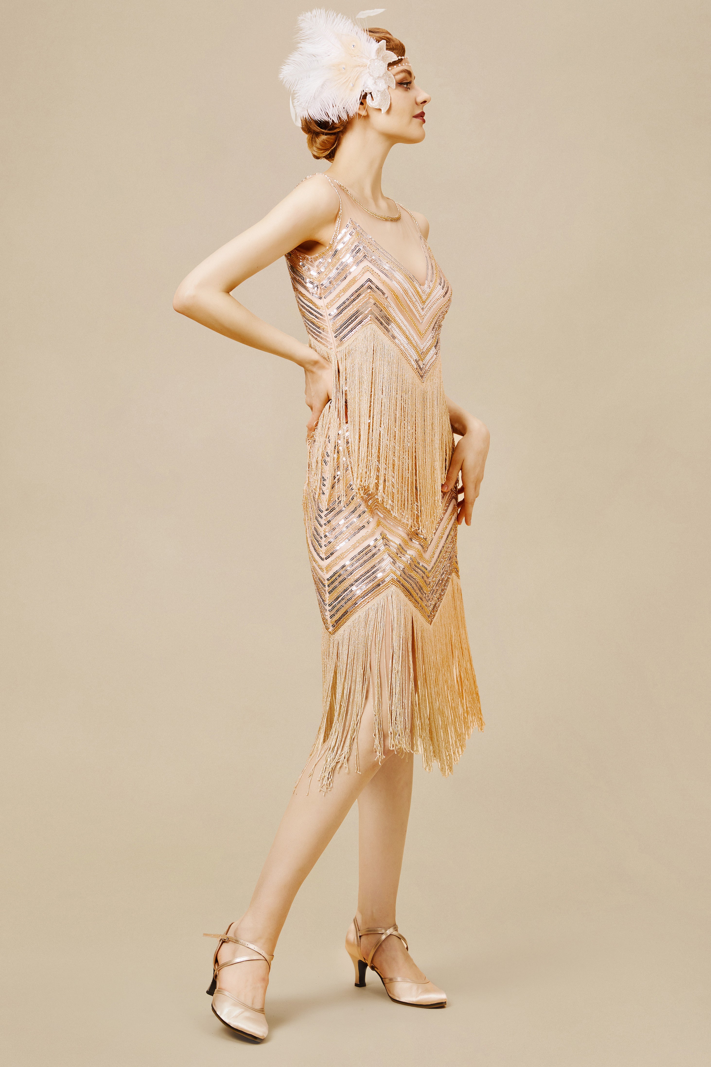 Embroidered Sequin Flapper Tassel Dress | Champagne | 2
