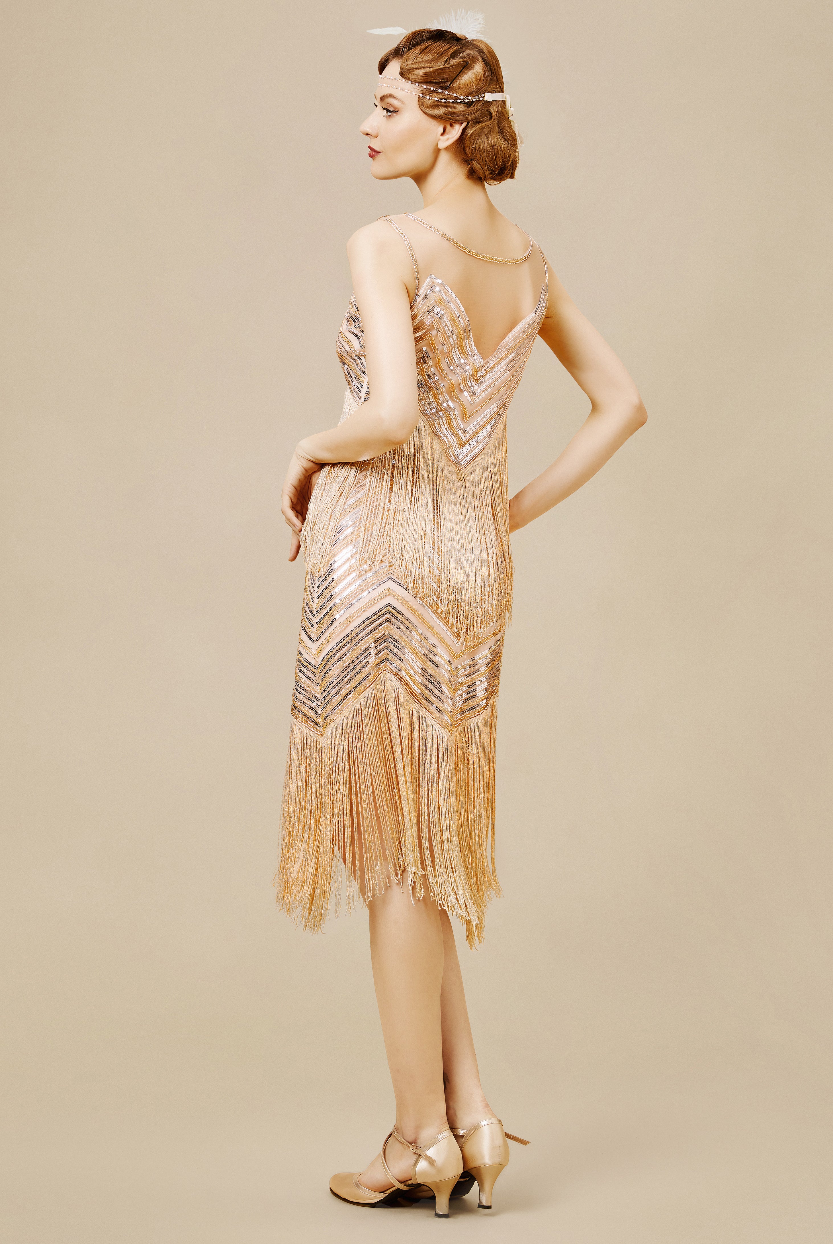 Embroidered Sequin Flapper Tassel Dress | Champagne | 4