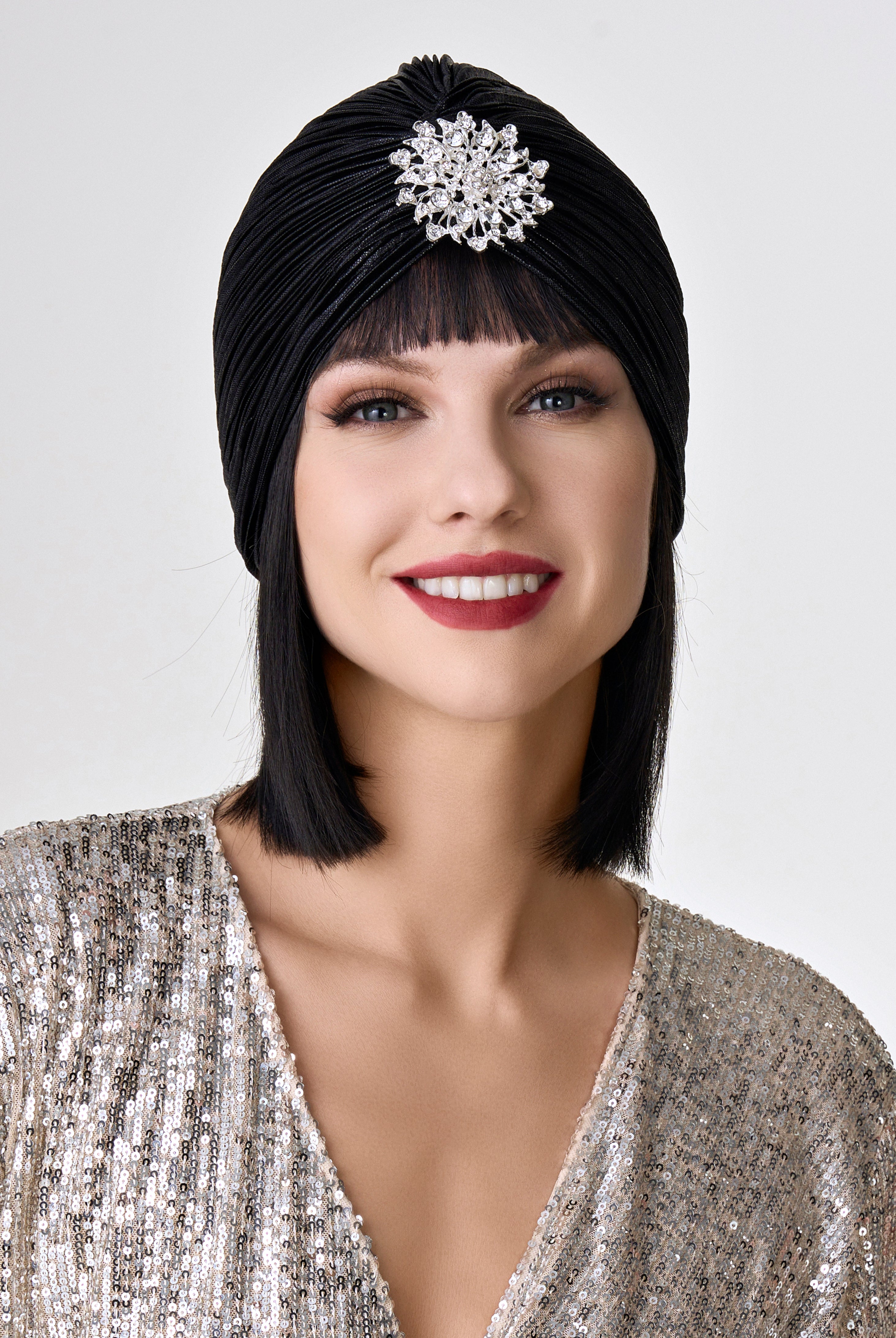 1920s Rhinestone Turban Hat | Black | 2