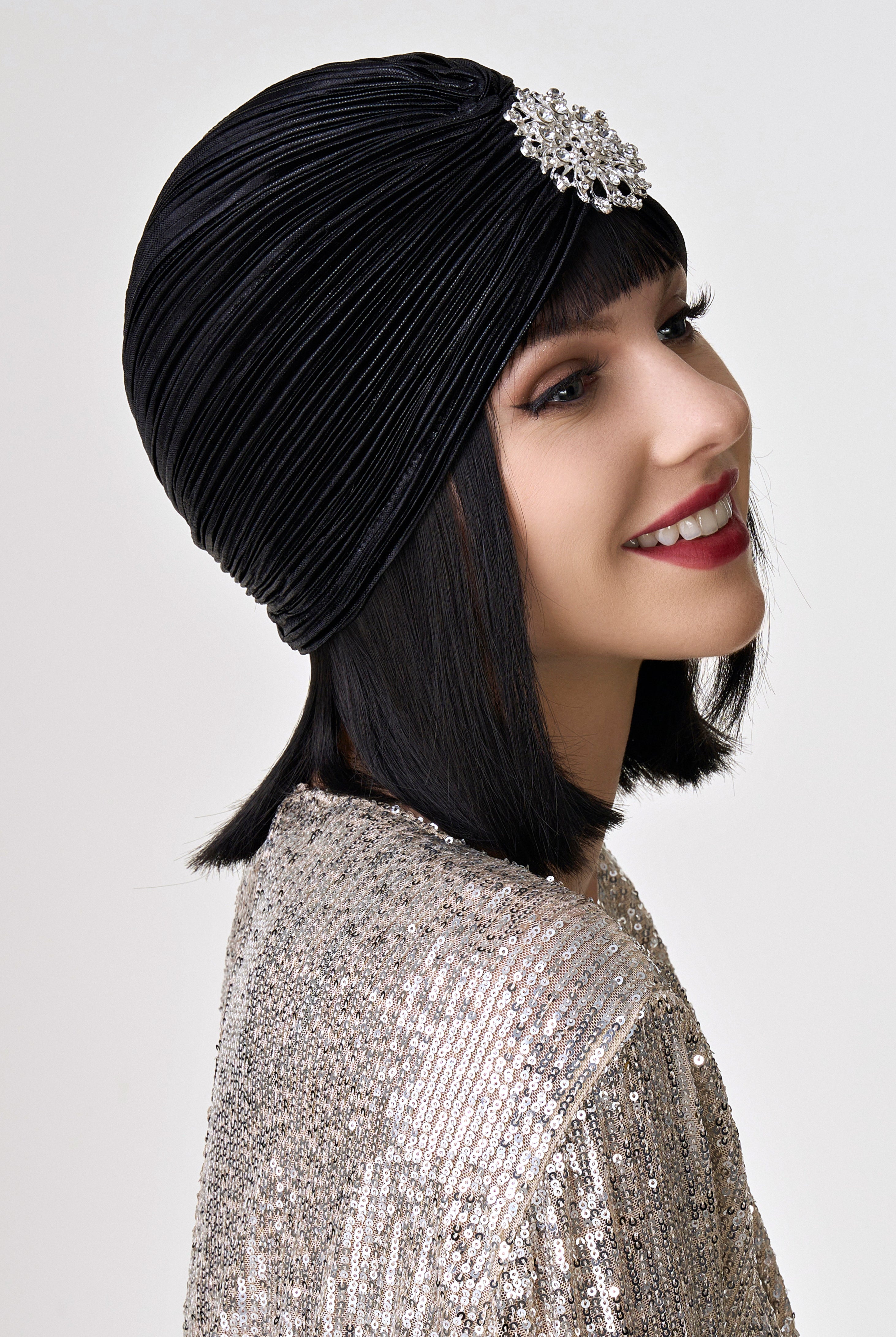 1920s Rhinestone Turban Hat | Black | 4