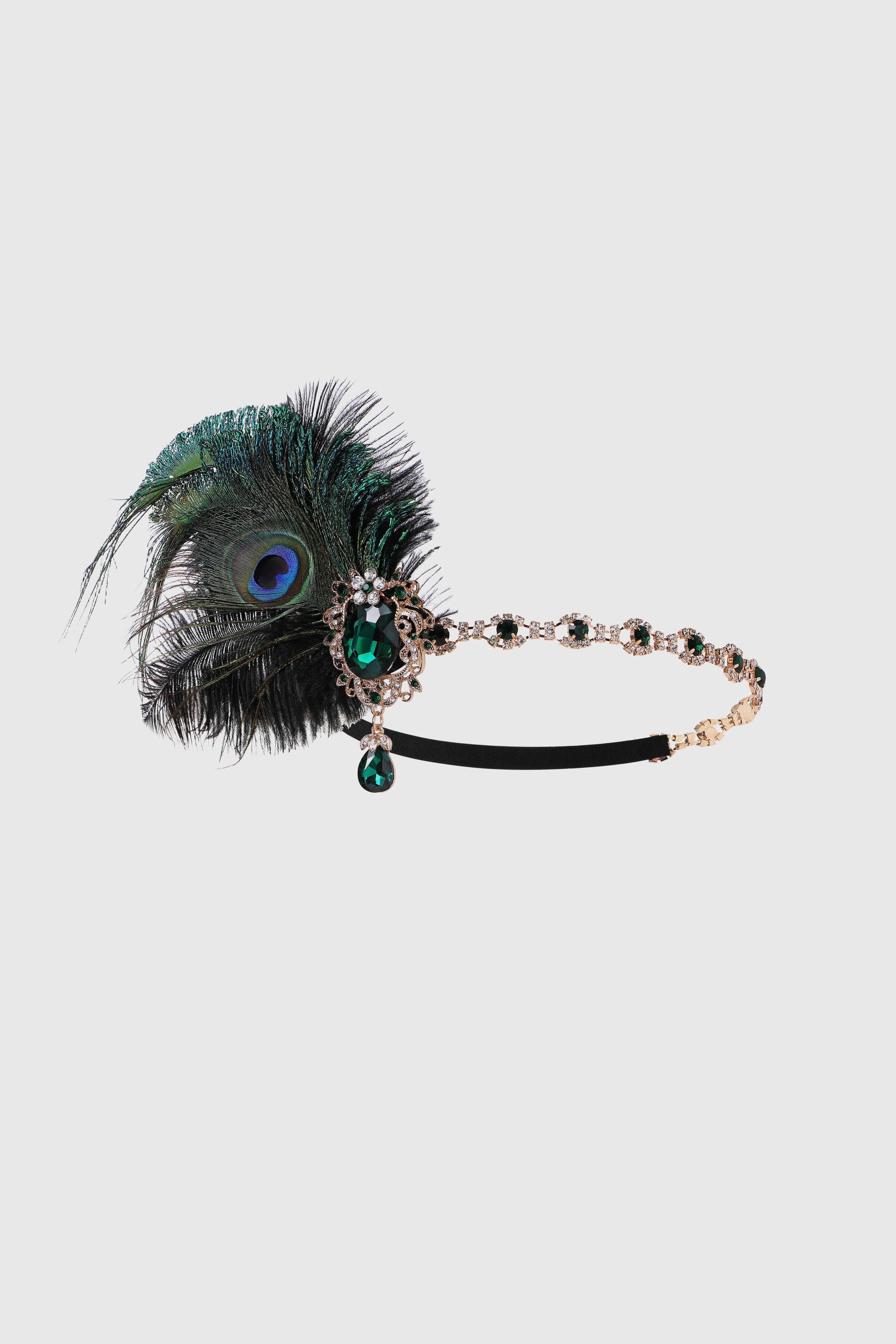 Peacock Feather and Emerald Crystal Headband | Dark Green | 1