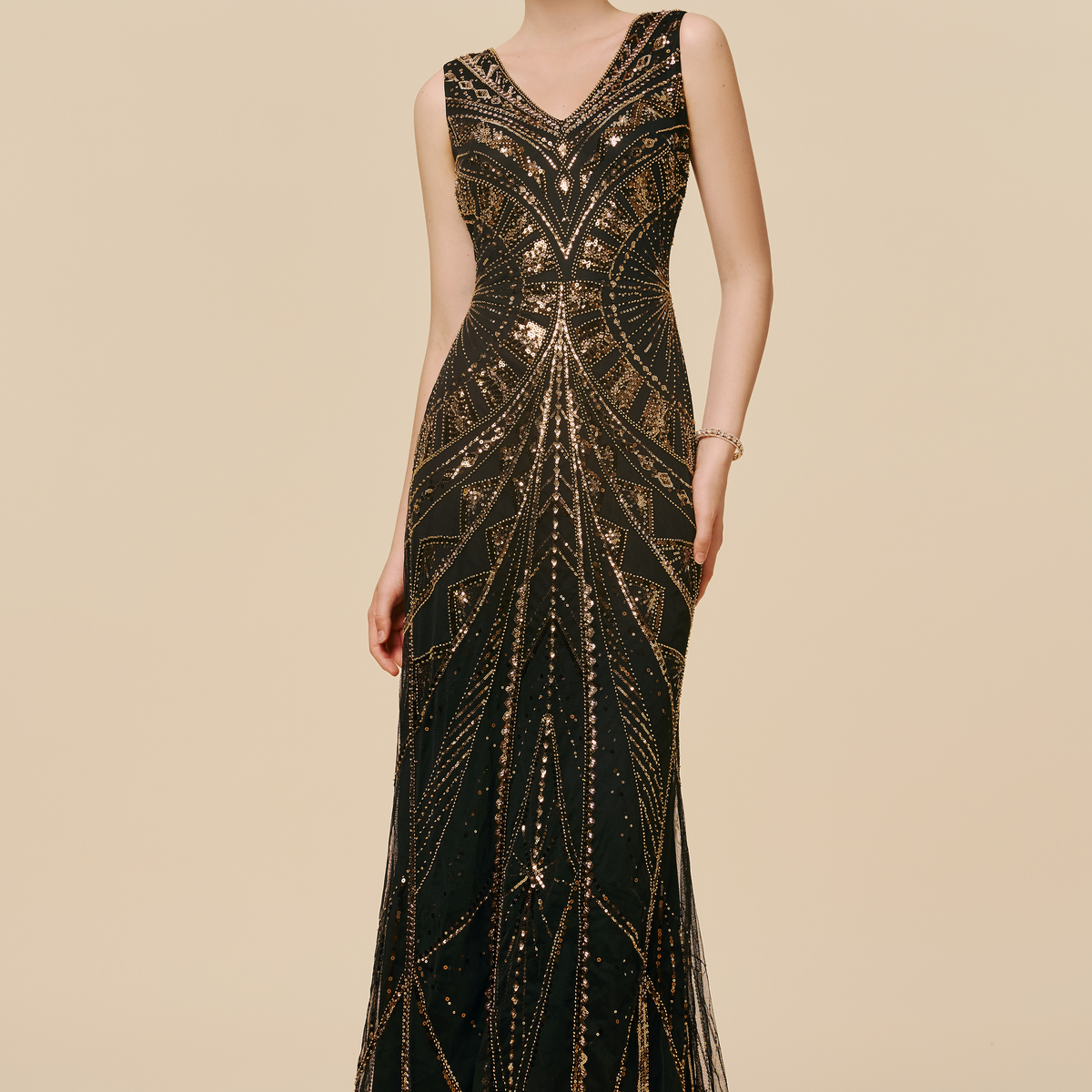 slim fit dress slacks BABEYOND Art Deco Black & Gold Dress, Evening Gowns, Black / Gold, 10