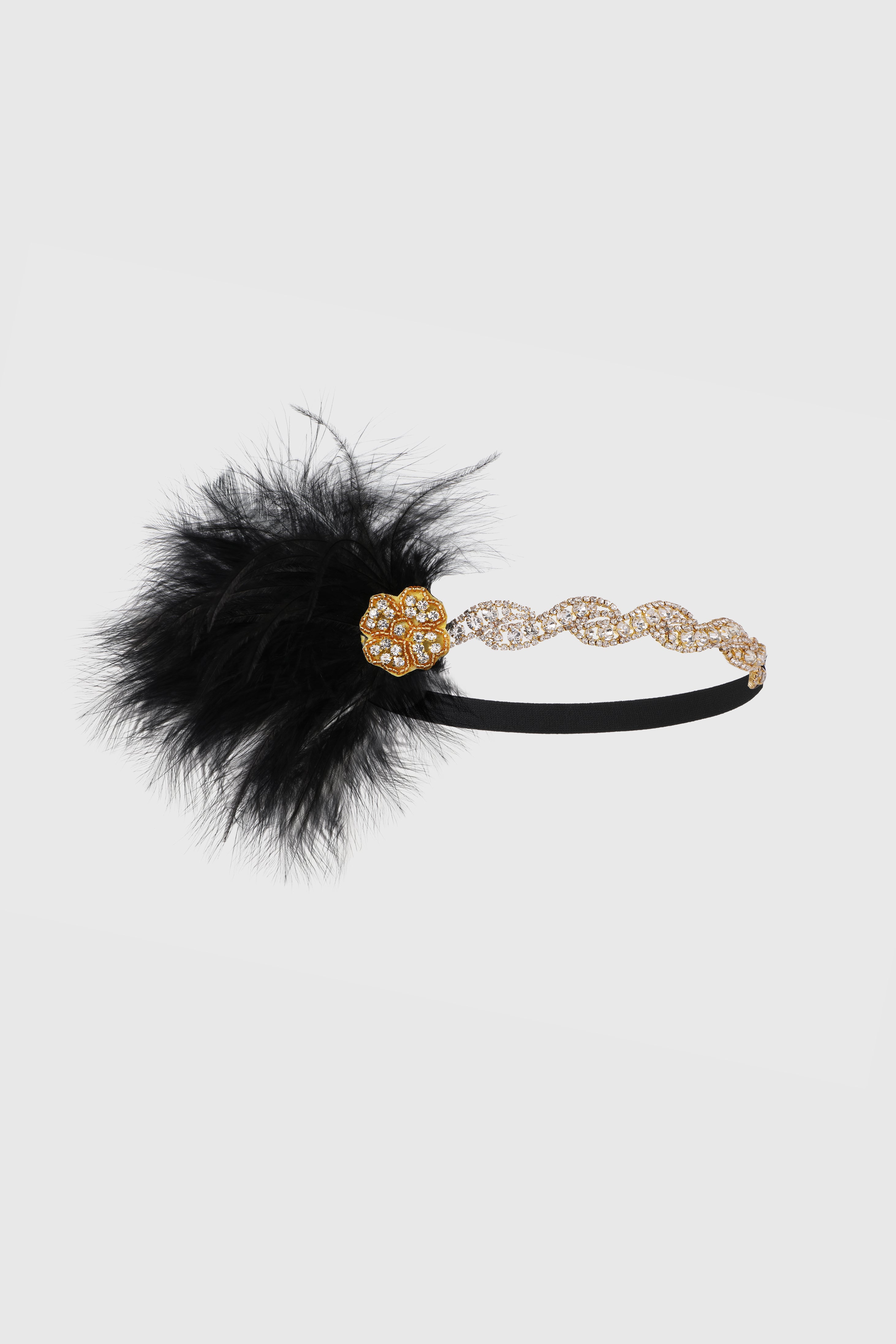Black Feather and Gold Floral Rhinestone Headband | Black / Gold | 1