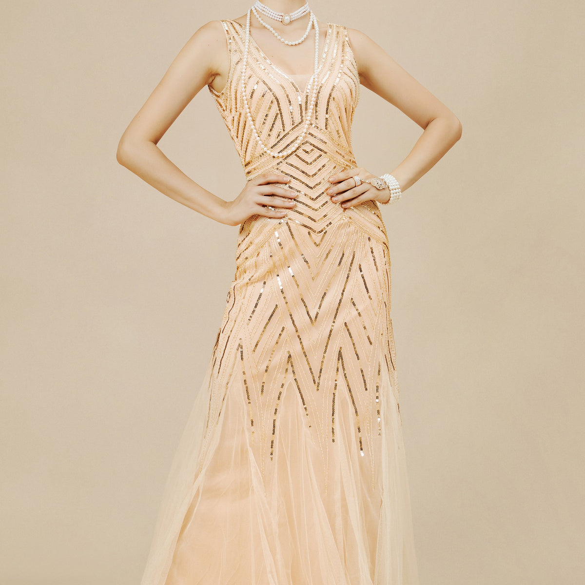 Red Mermaid Sequins V-neck Long 1920s Dress