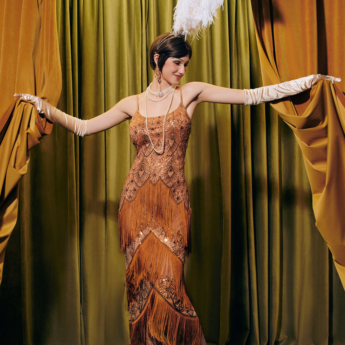 luxury flapper dress BABEYOND Golden Echo Fringe Flapper Dress, 1920s Dresses, Antique Honey, 10