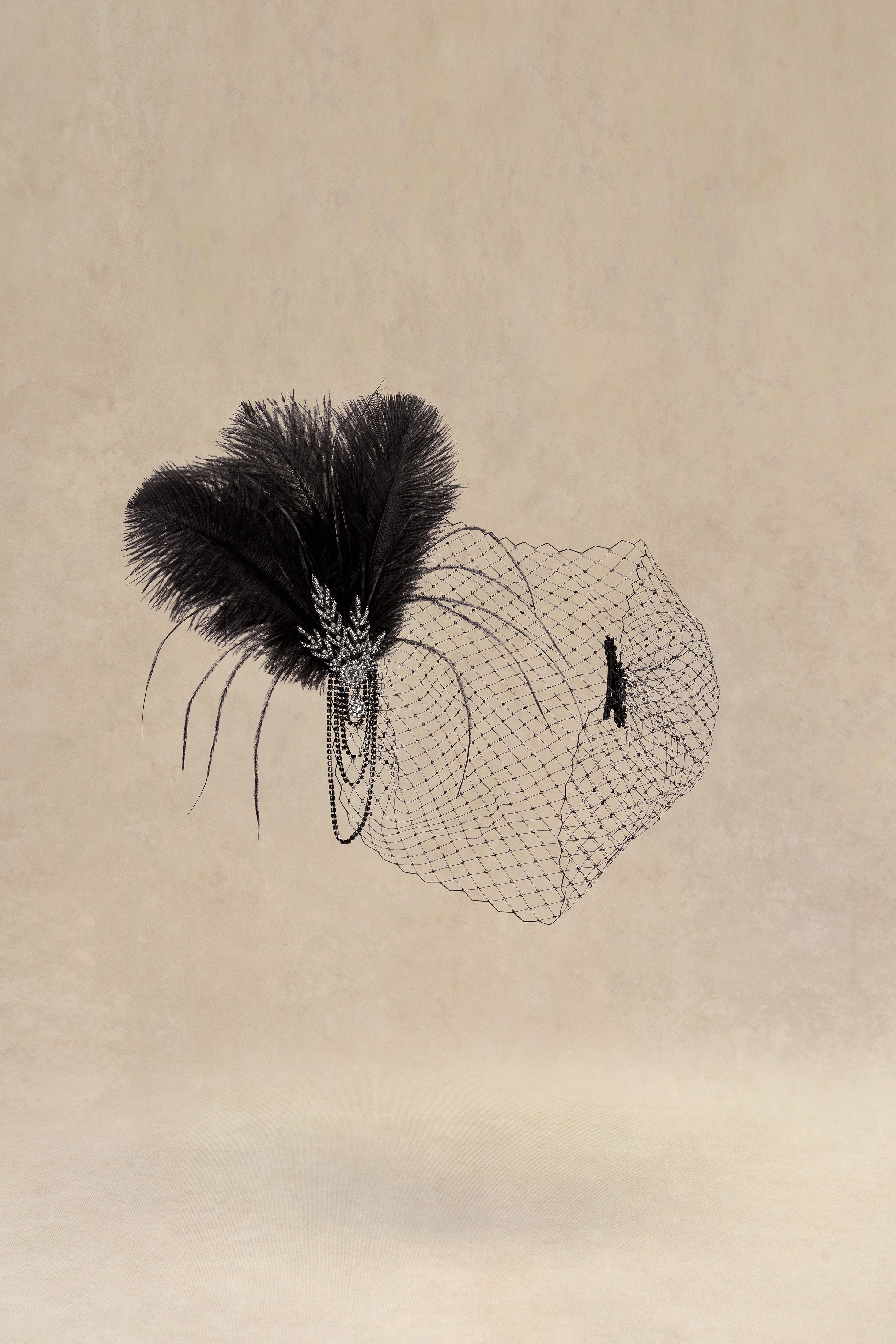 Beaded Leaf Feather Headband With Veil | Black | 1