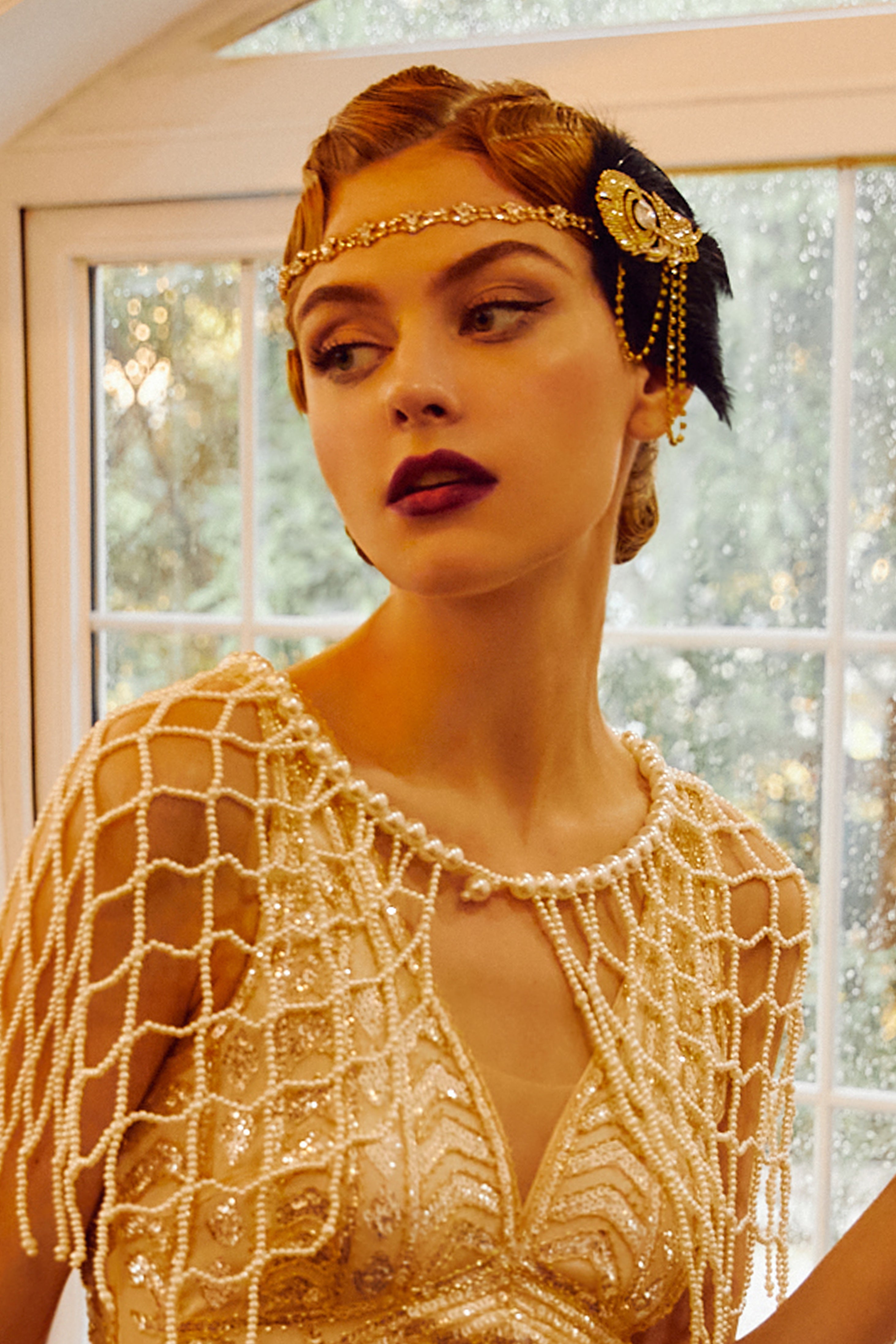 Crystal Studded Flower Feather Headband | Gold | 4