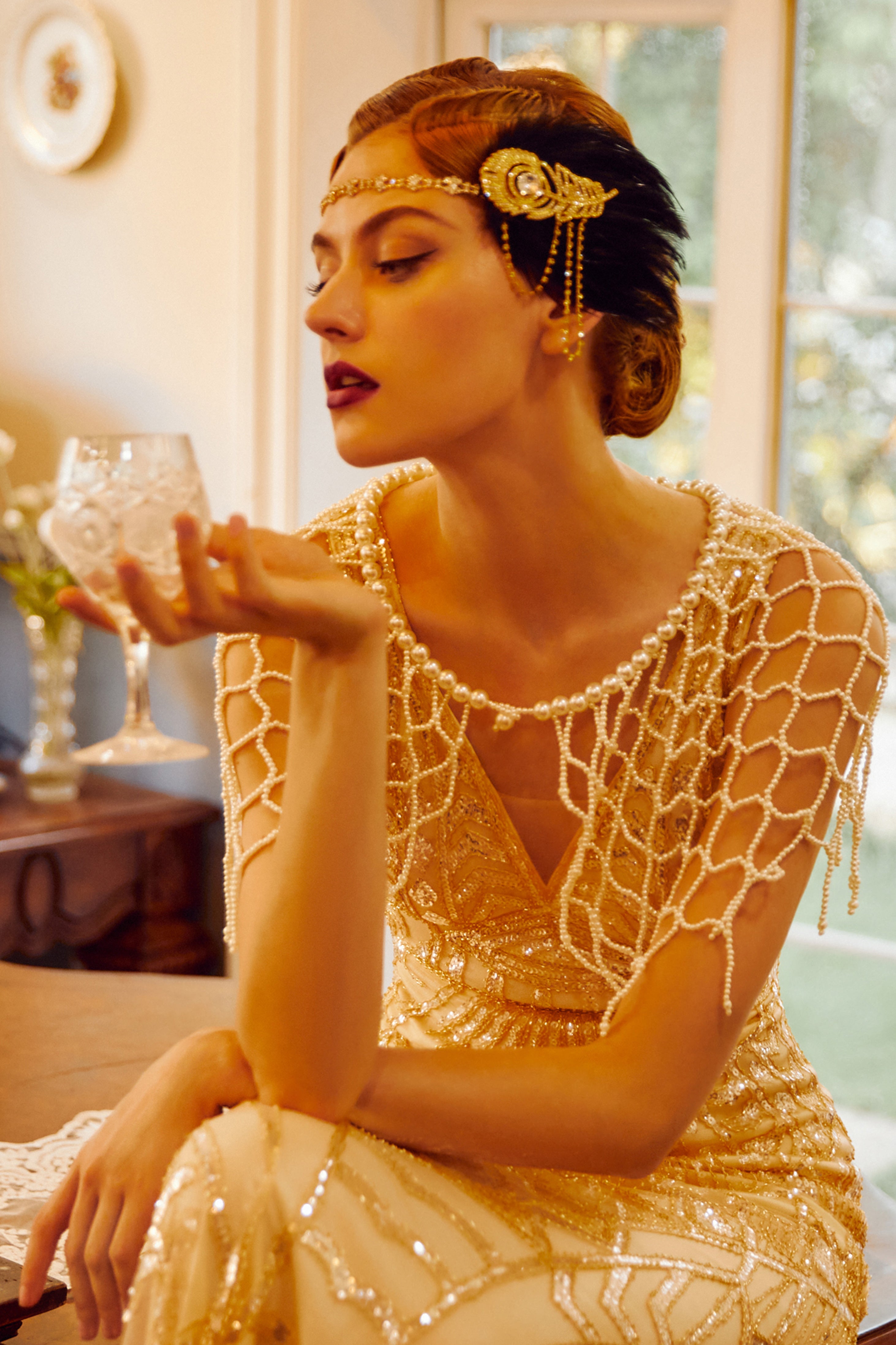 Crystal Studded Flower Feather Headband | Gold | 5