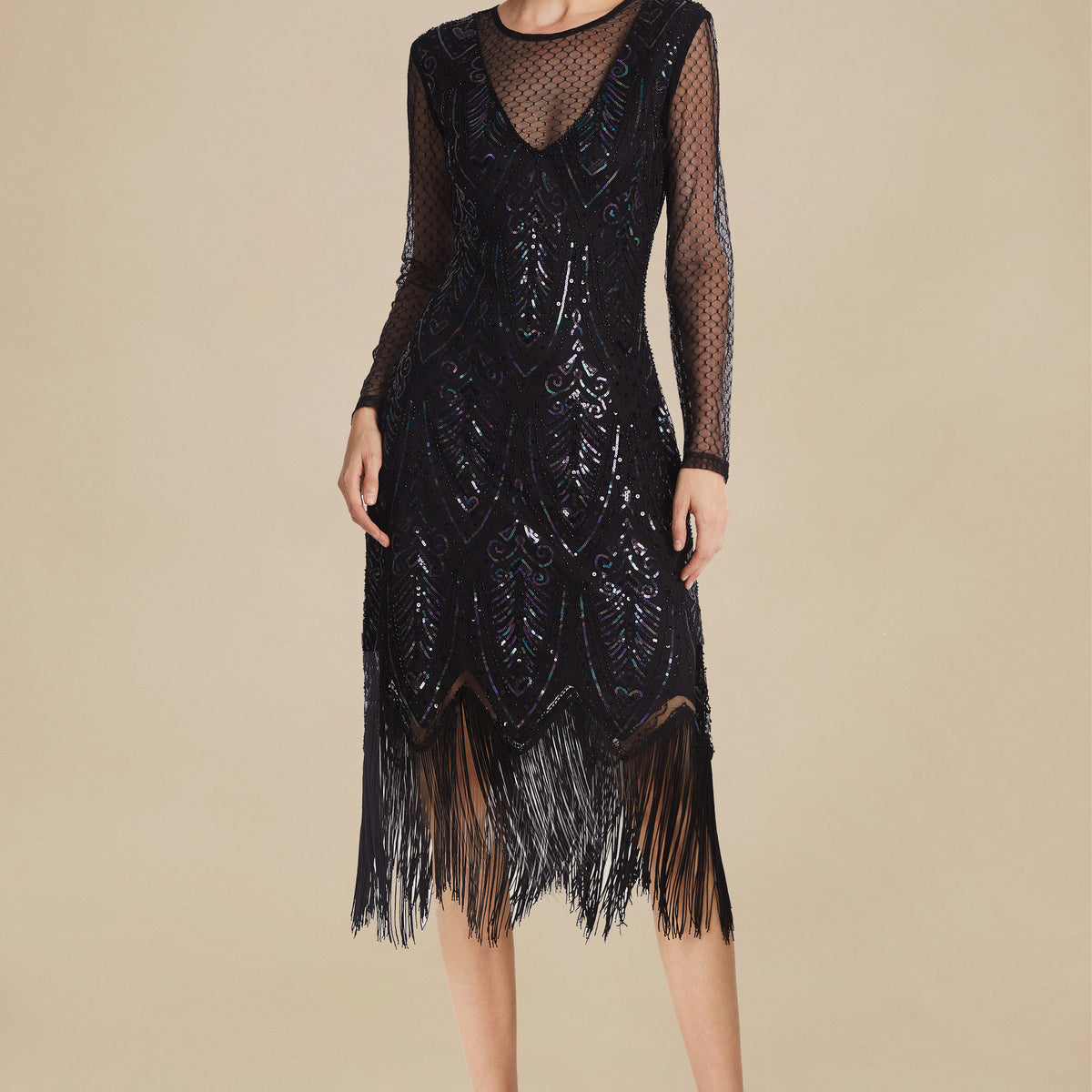 long sleeve sequin fringe dress BABEYOND Elegant See-through Fringed Flapper Roaring 20s Dance Party Dress, Black, Size L Color:Silver Blue colour: teal-long-sleeve-sash-bodycon-midi-dress Favorite Jersey Knit Midi like sequin details as