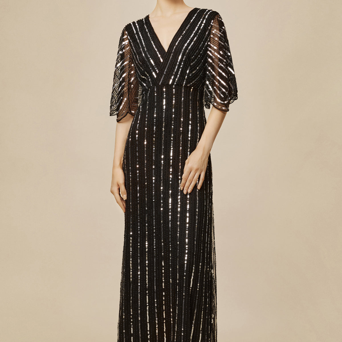 Sheath Satin Sheer Cape Sleeve Evening Dresses Maxi Gowns with Sequin Embroidery