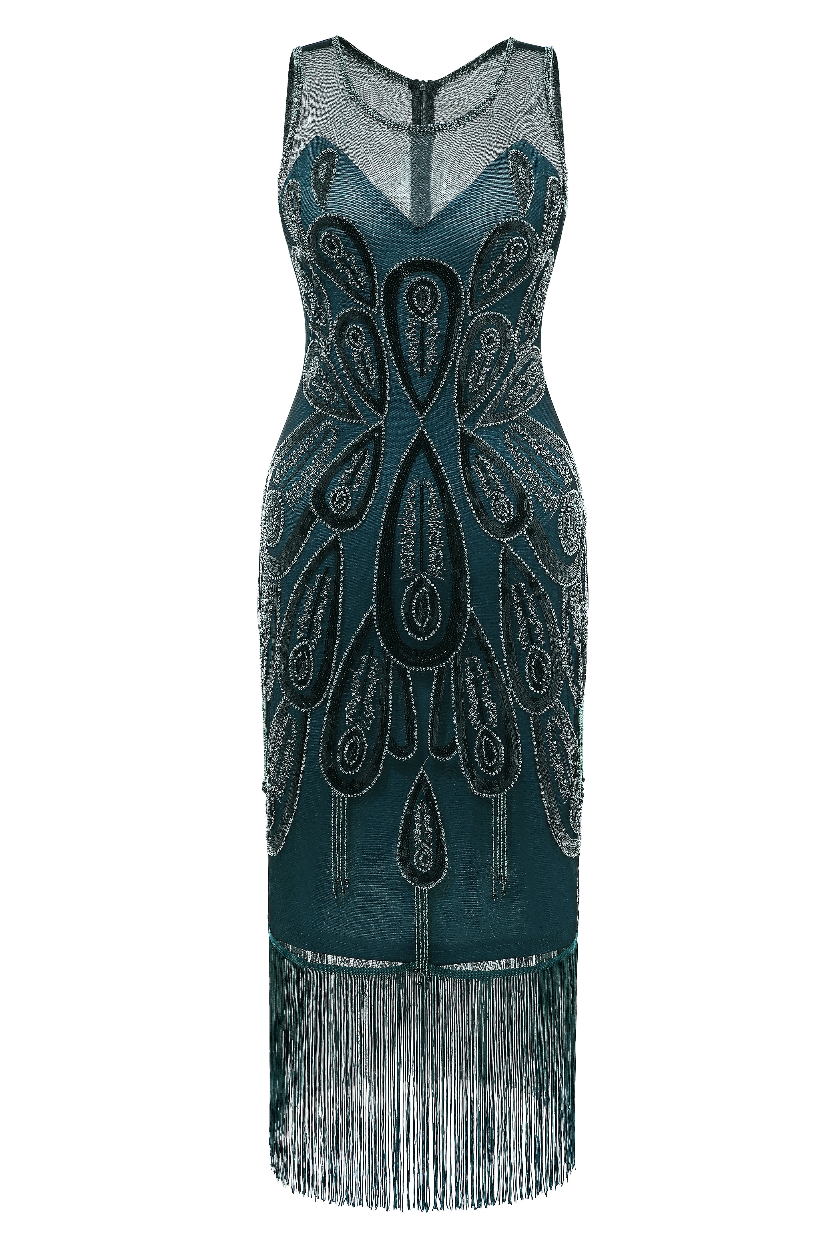 Embellished Sequin Peacock Tassel Dress | Darkgreen | 3