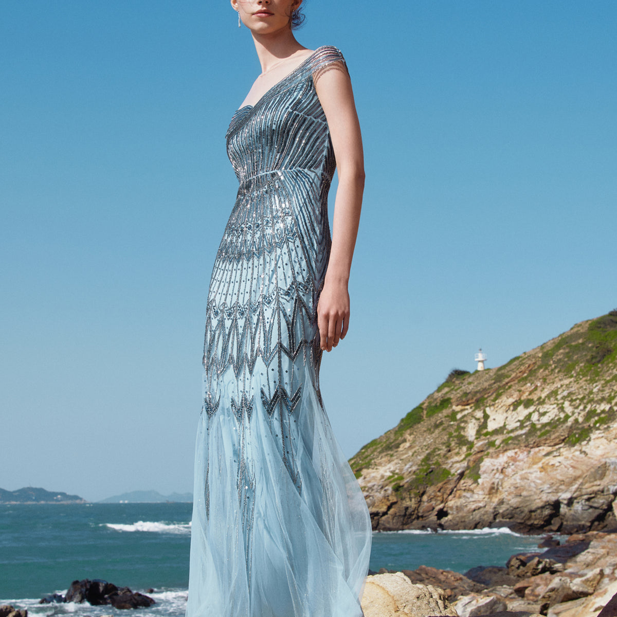 Blue One Shoulder Mermaid Satin Evening Dress With Beading main image 1