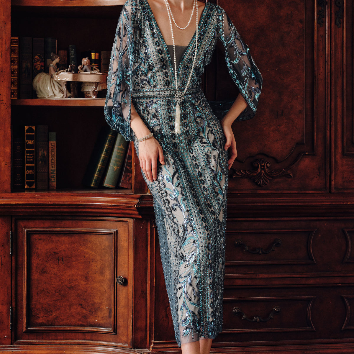 BABEYOND 1920s Vintage Glam Sheer Sleeve Sequin Gown for Formal Events and Themed Parties, Deep Teal Slate, Size 8