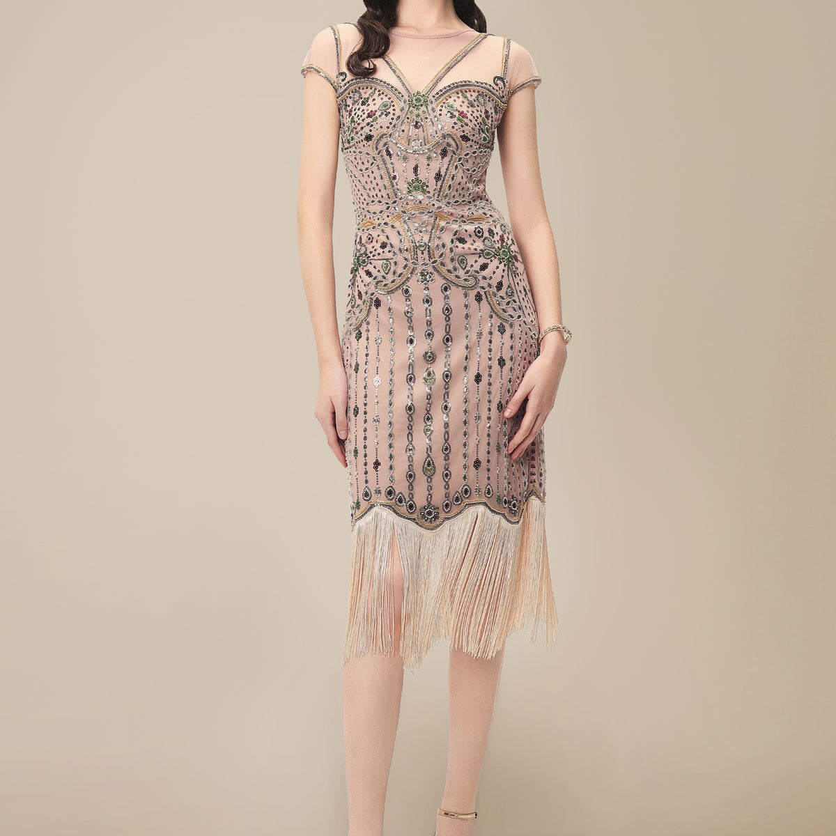 Black Beading Fringes Flapper Dress with 1920s Accessories Set