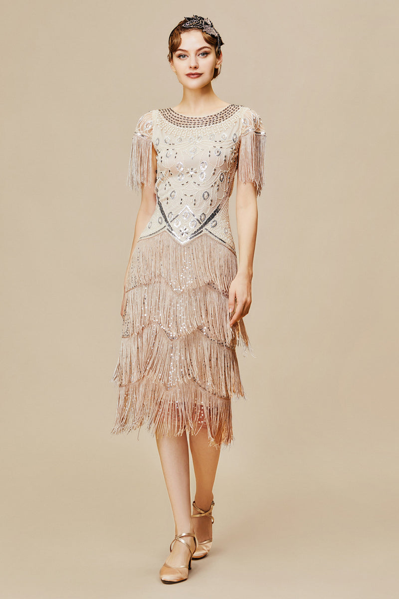 Sheer Sleeves Tiered Fringe Sequin Dress