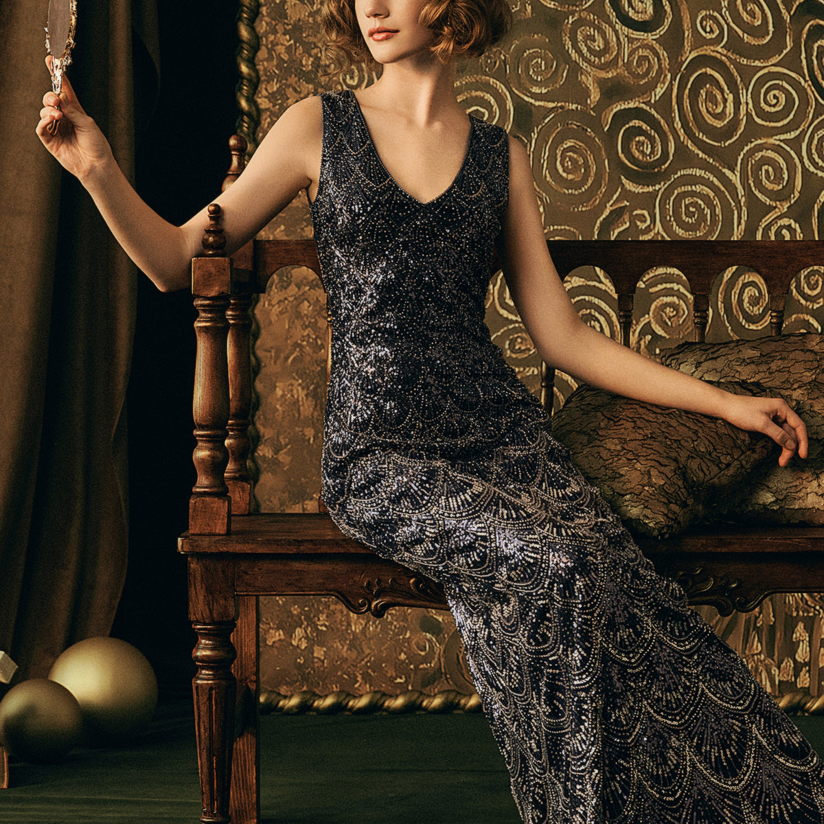 Cap Sleeves High Neck Sparkly Beads Floor-Length Mermaid Evening Party Gown