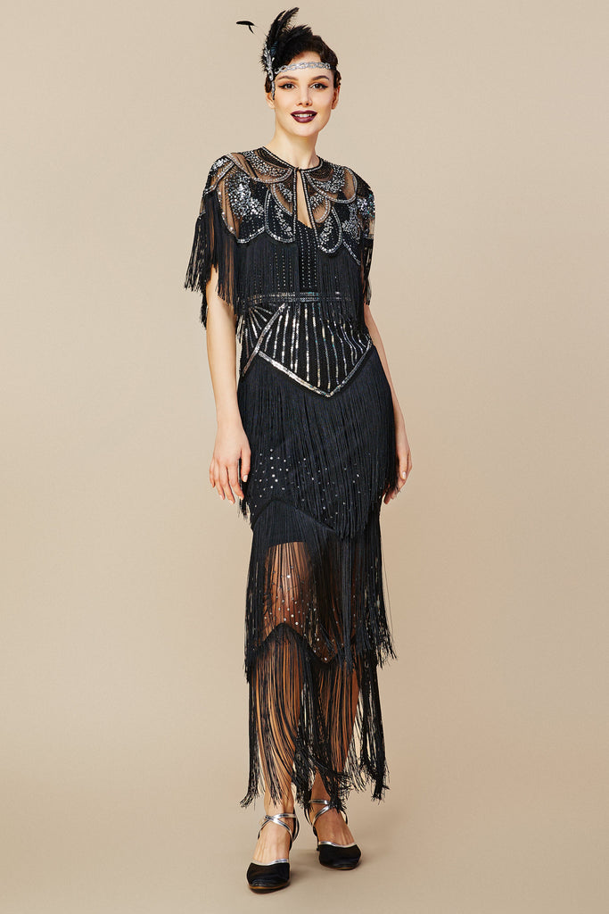 1920s Strap V Neck Sequin Dress With Shawl - BABEYOND