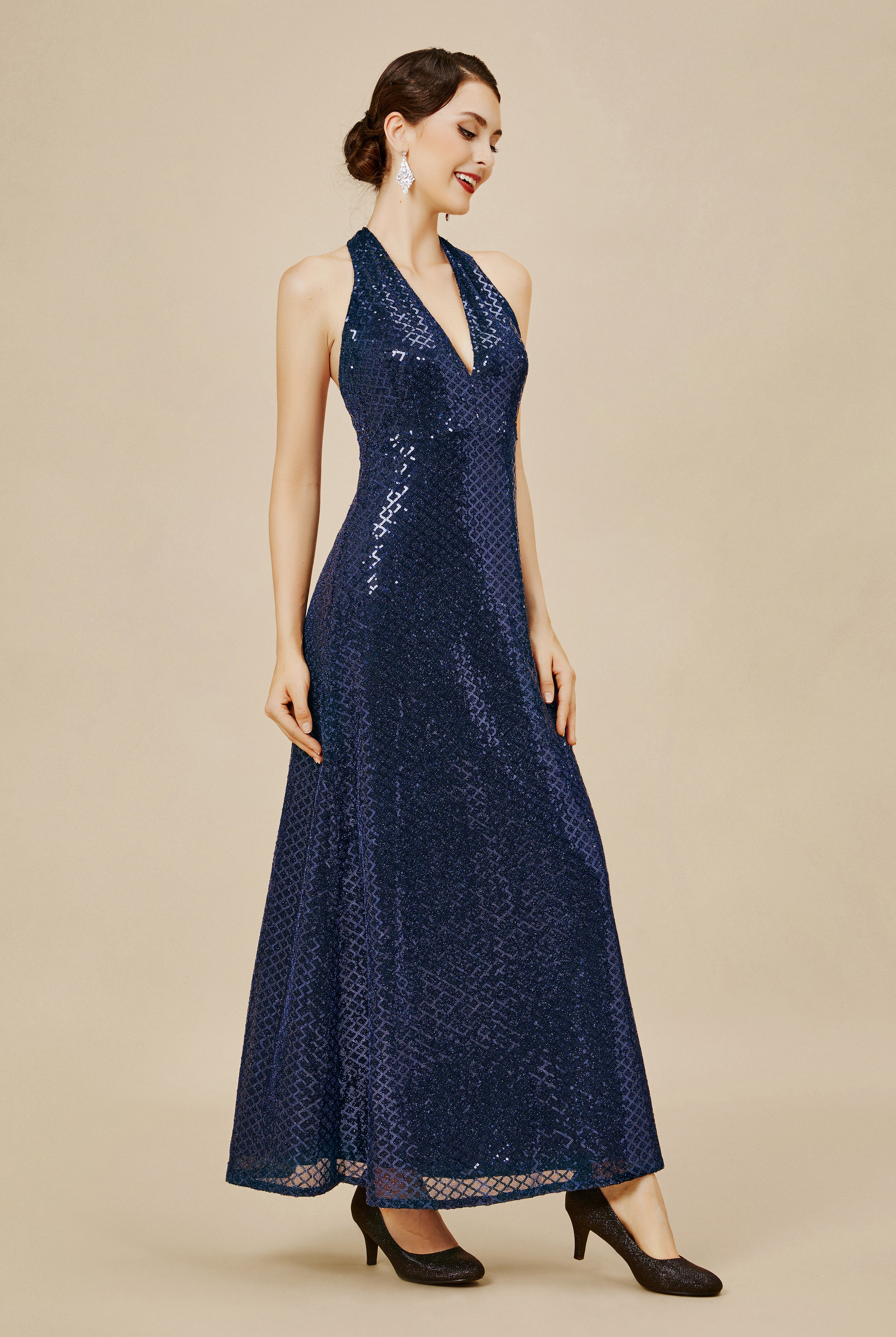 V Neck Hanging Sequin Maxi Dress | Darkblue | 2