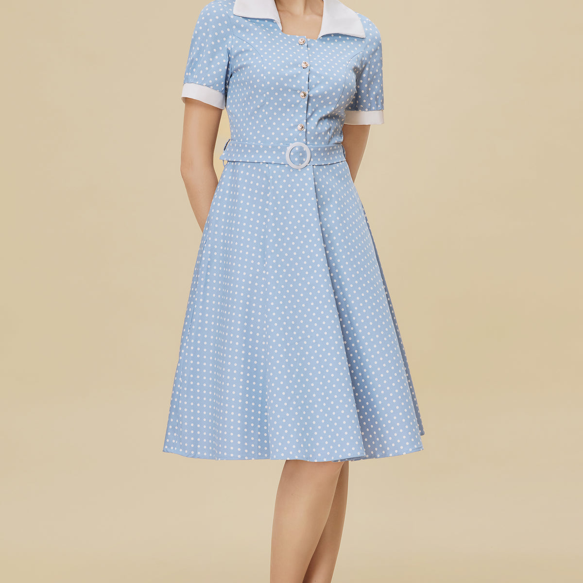 blue vintage dress BABEYOND Vintage Polka Dot Belted Swing Dress, 1950s Dress, Sky Blue / White, L