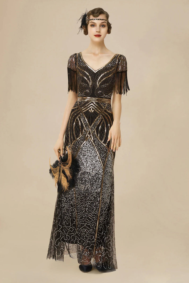 BABEYOND Art Deco Sequin Mermaid 1920s Long Flapper Dress, Maxi Gatsby Party Evening Dress, Black/Gold Size L BABEYOND Art Deco Sequin Mermaid 1920s Long Flapper Dress, Maxi Gatsby Party Evening Dress, Black/Gold Size L