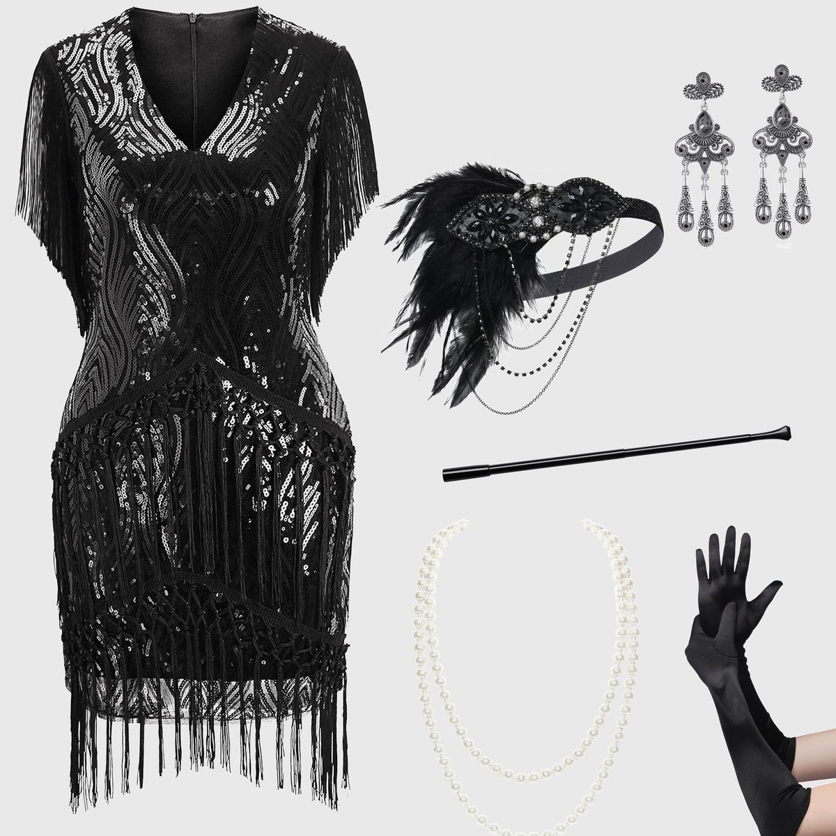 Black Silver Fringed Sequins 1920s Dress with 20s Accessories Set