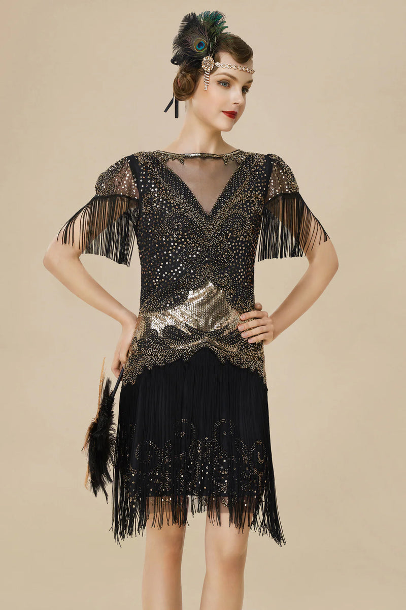1920s Flapper Fringed Sleeves Dress
