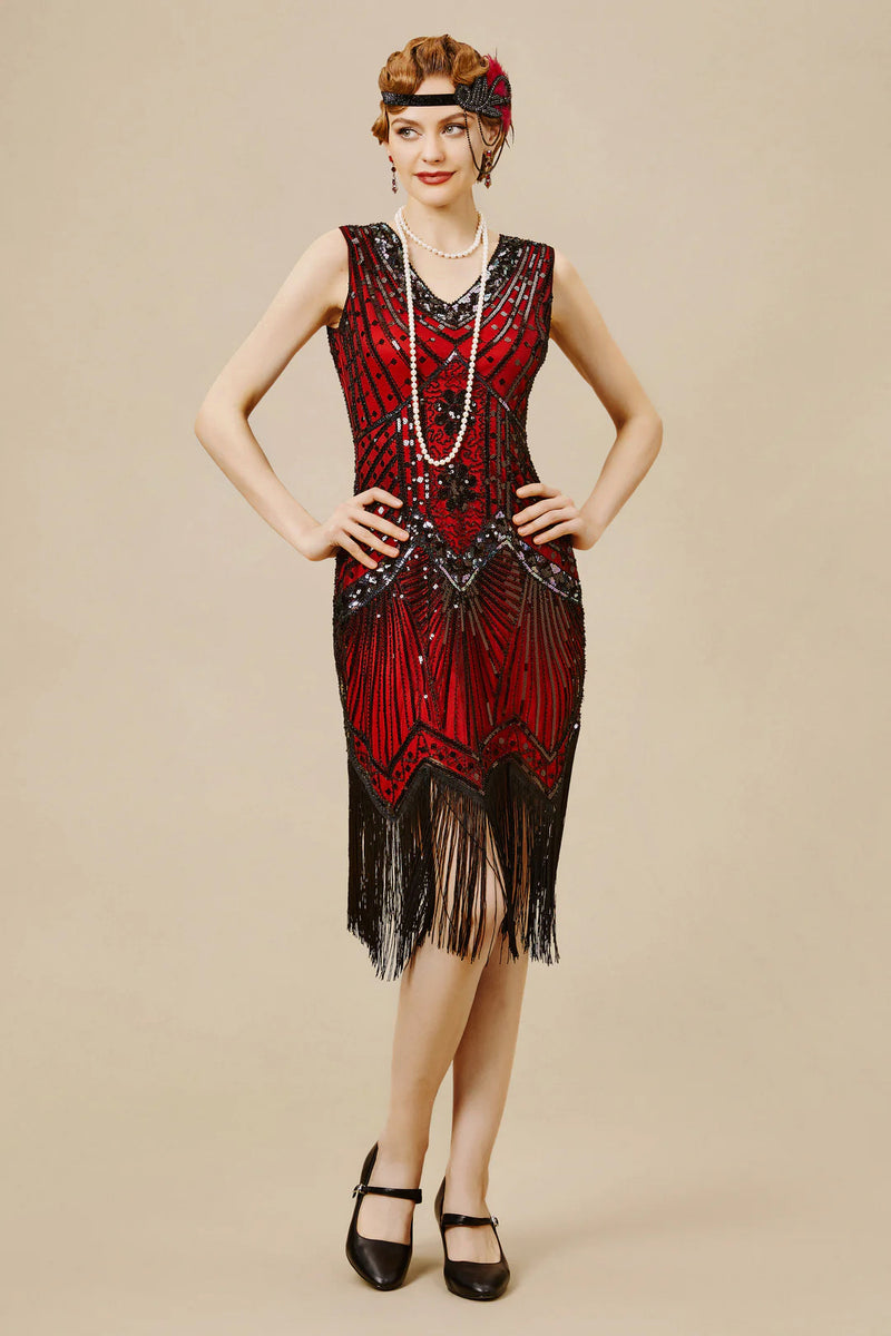 BABEYOND 1920s Women's Fashion Sequin Fringe Flapper Dresses, Gorgeous Charleston Dance Dress, Dark Red / Black, Size L BABEYOND 1920s Women's Fashion Sequin Fringe Flapper Dresses, Gorgeous Charleston Dance Dress, Dark Red / Black, Size L