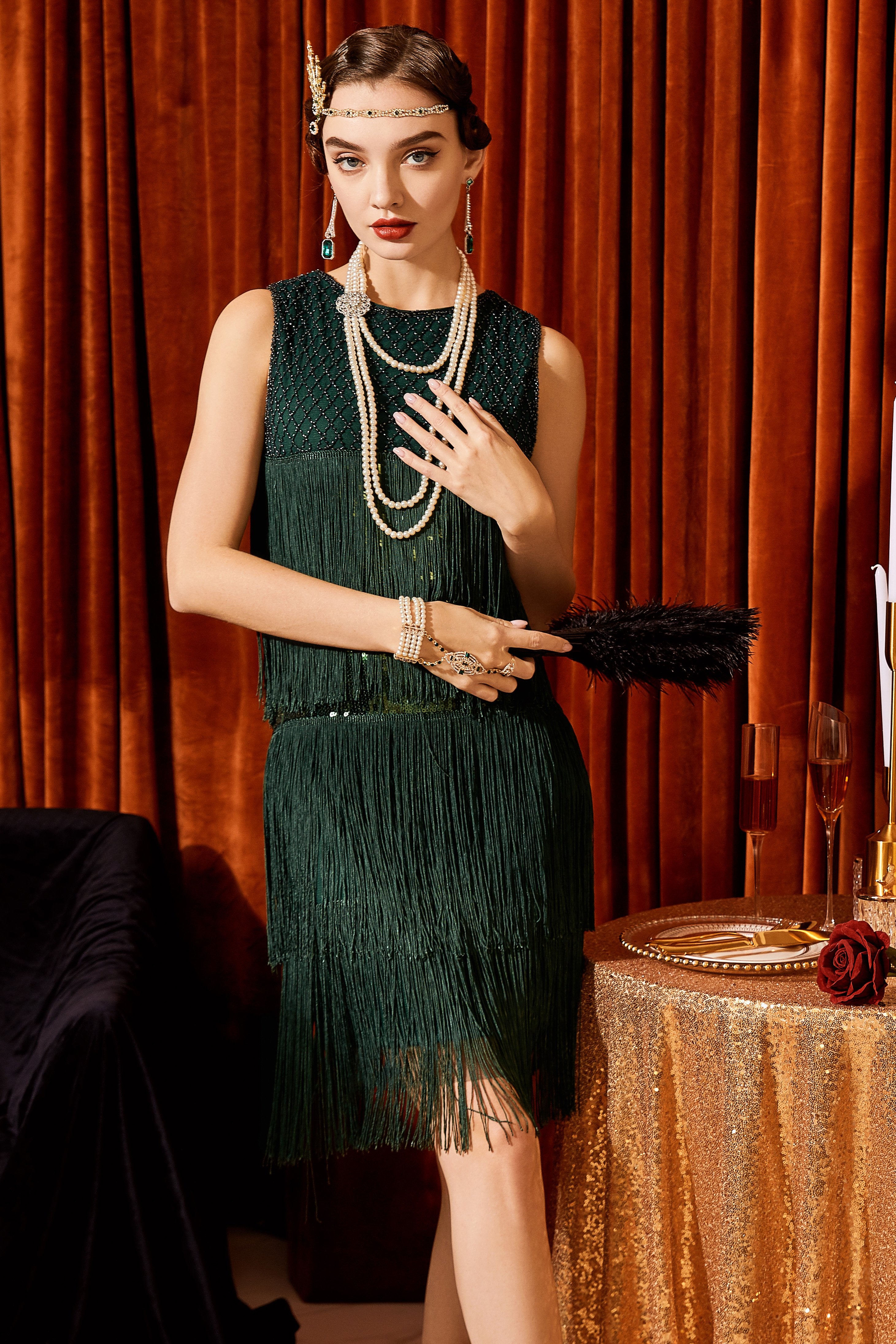 Tiered Tassel Flapper Gatsby Dress | Dark Green | 2