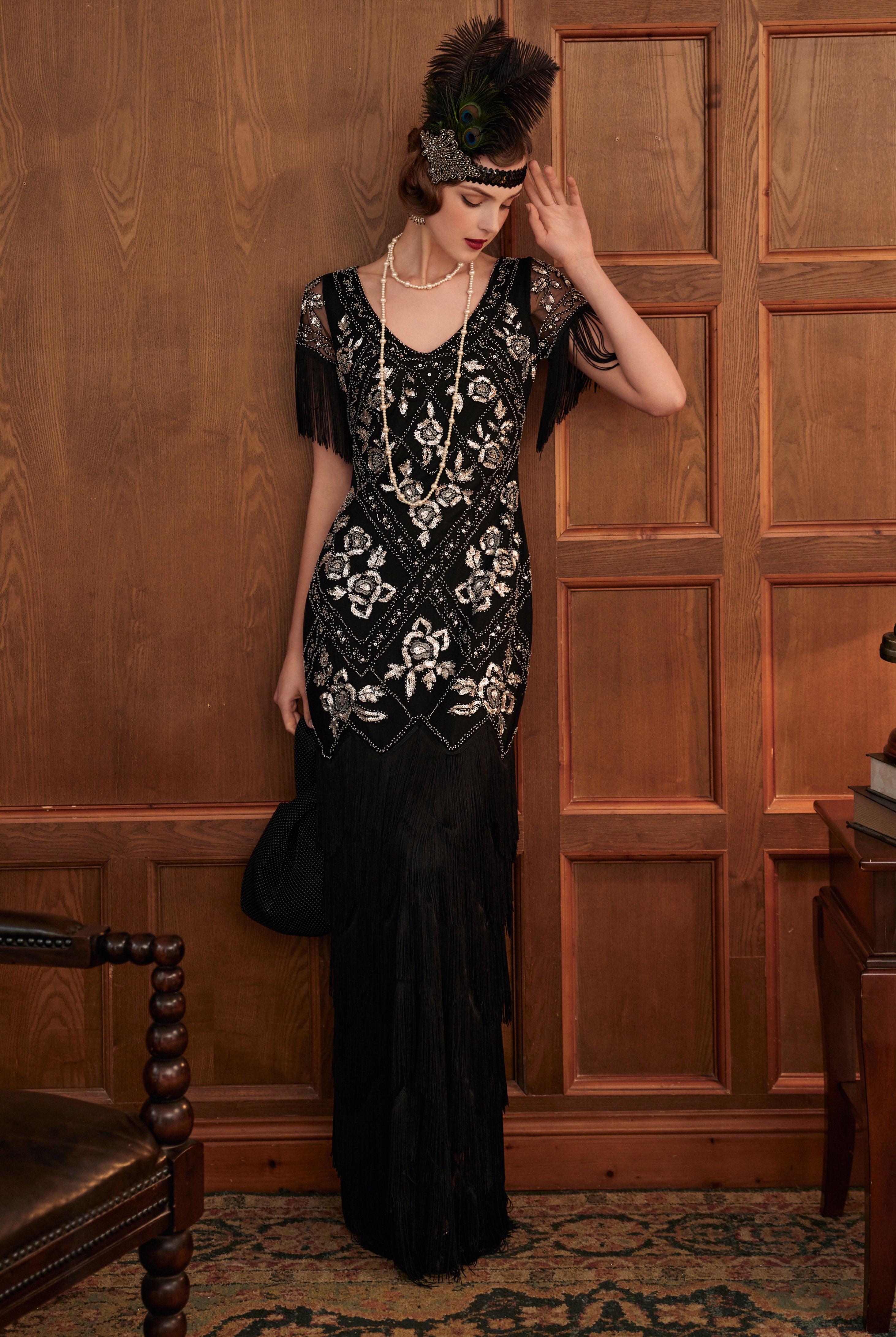 Flowery Multi-Layer Maxi Mermaid Dress | Black/Siver | 8