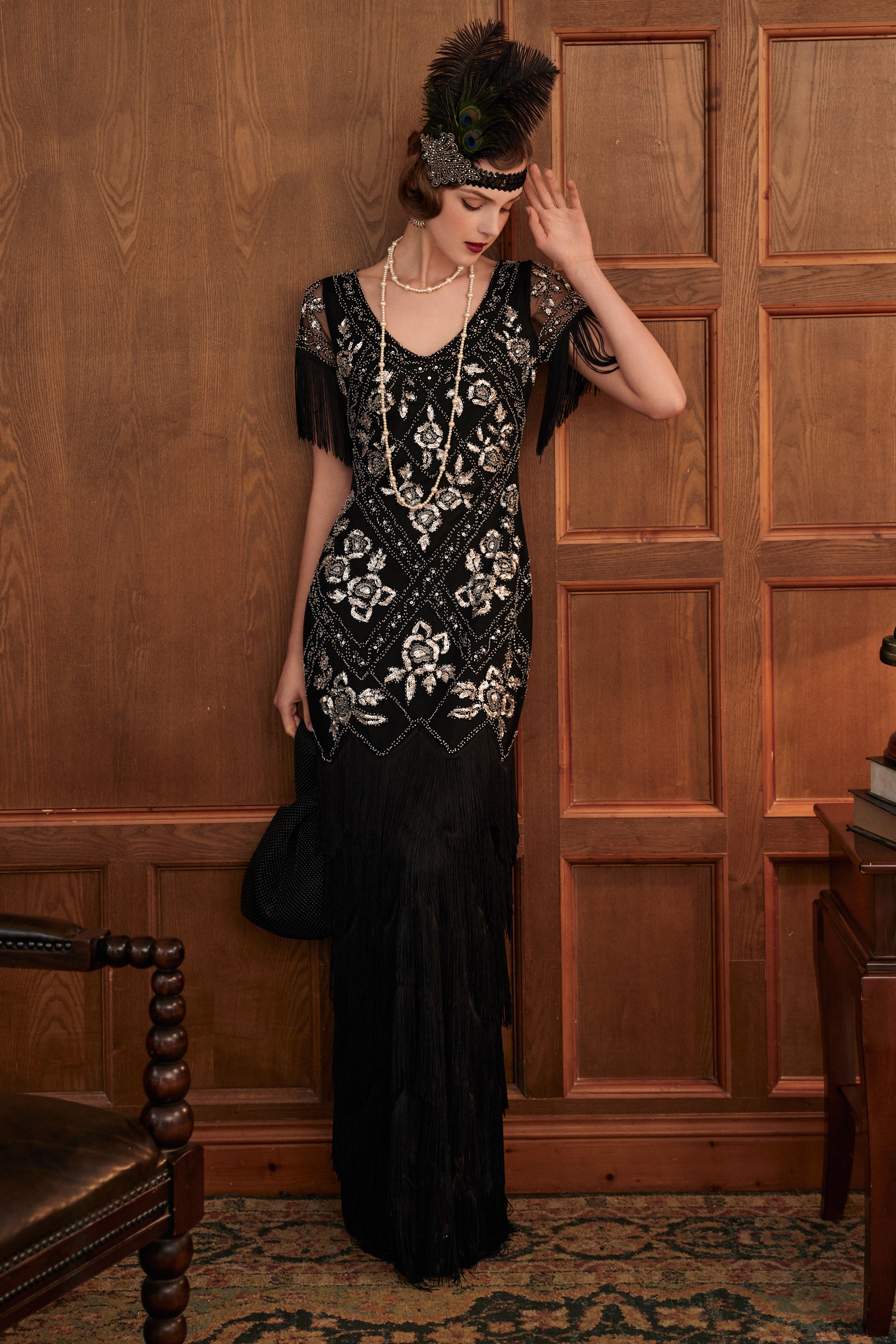 Flowery Multi-Layer Maxi Mermaid Dress | Black/Siver | 8