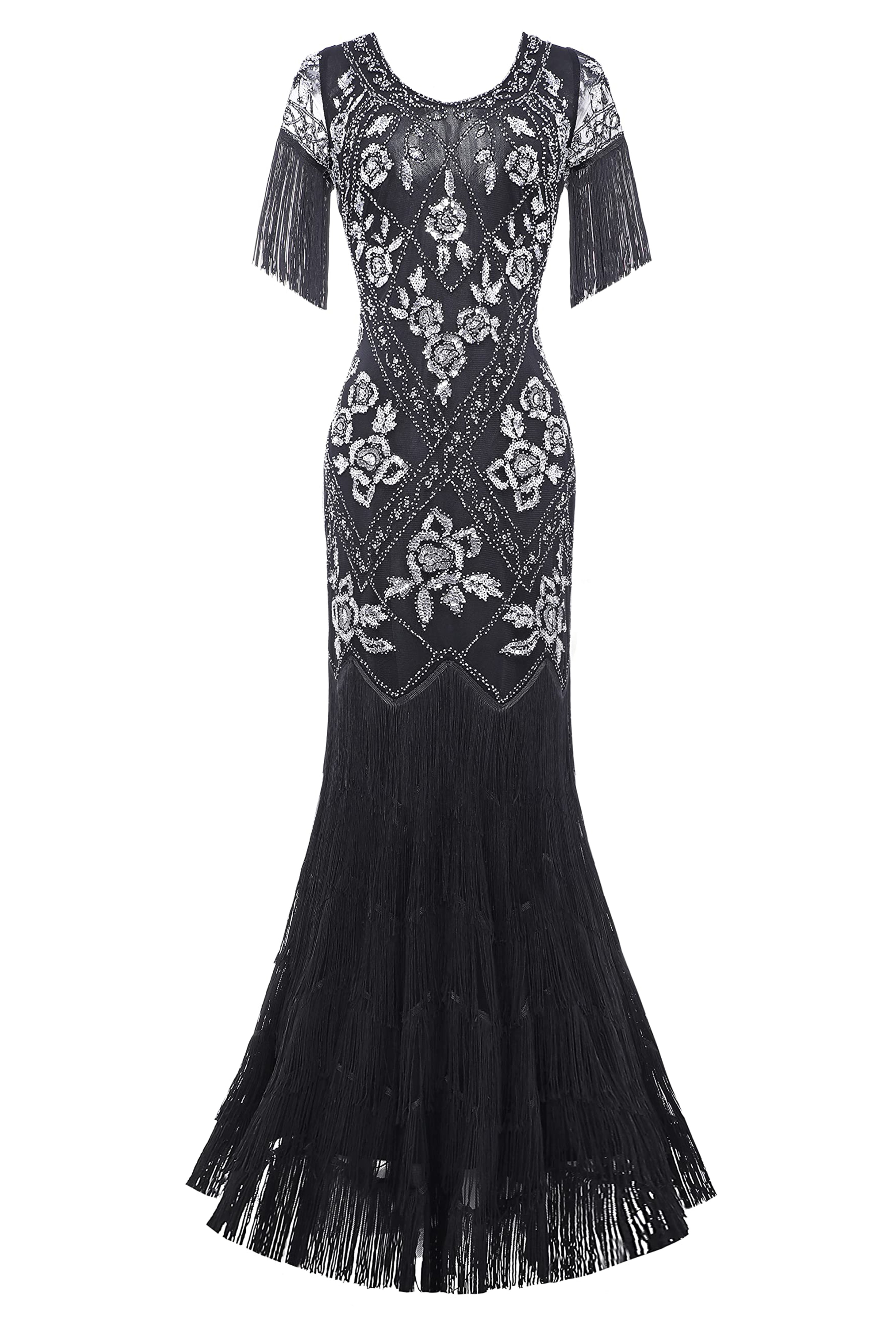 Flowery Multi-Layer Maxi Mermaid Dress | Black/Siver | 6