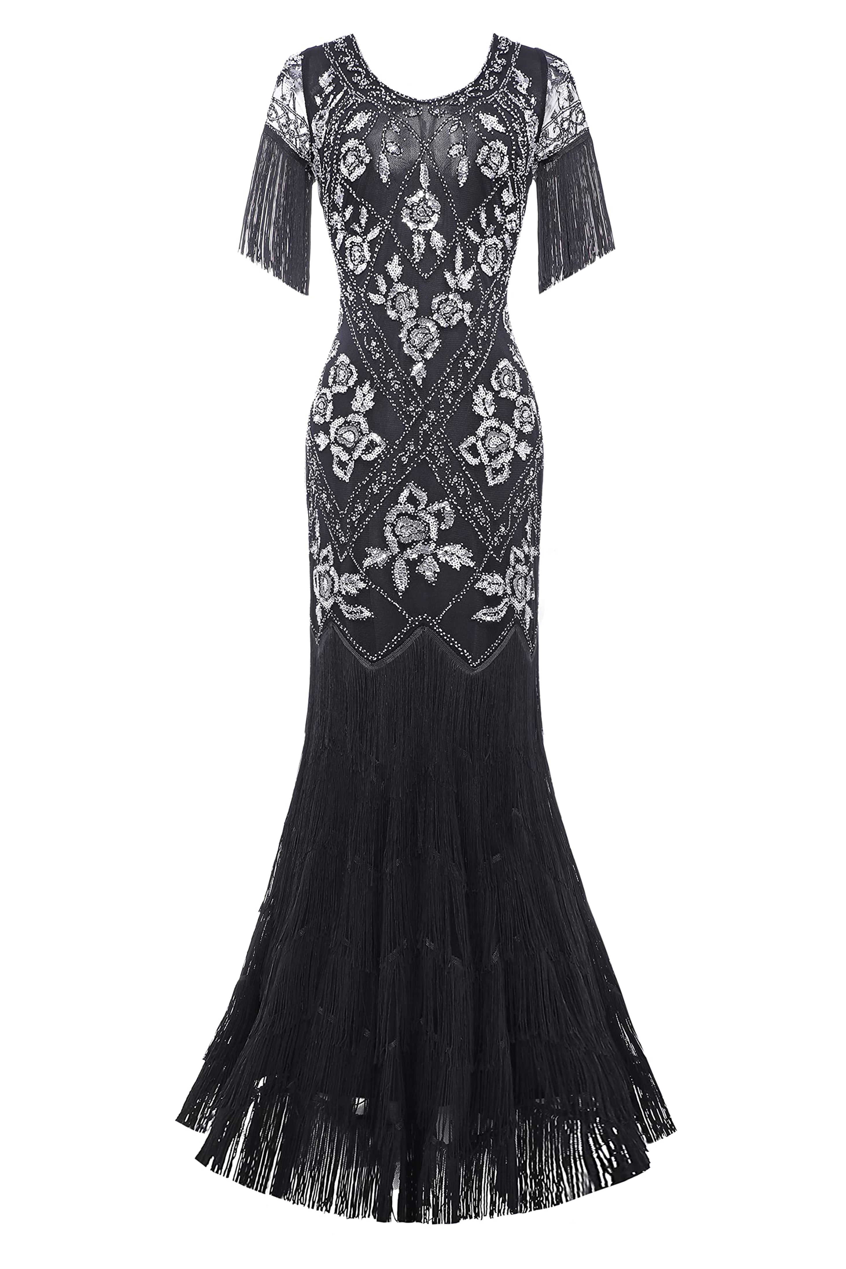 Flowery Multi-Layer Maxi Mermaid Dress | Black/Siver | 6