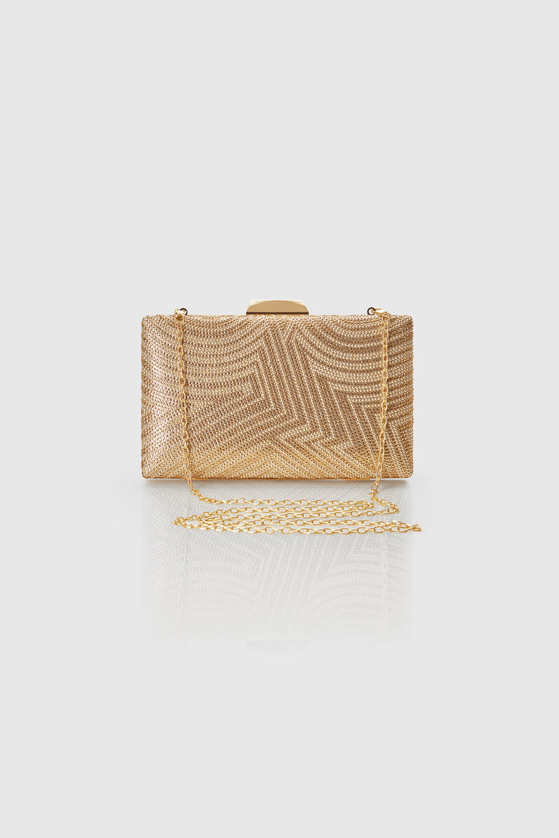 a rhinestone-embellished cocktail Clutch Purse with a gold chain