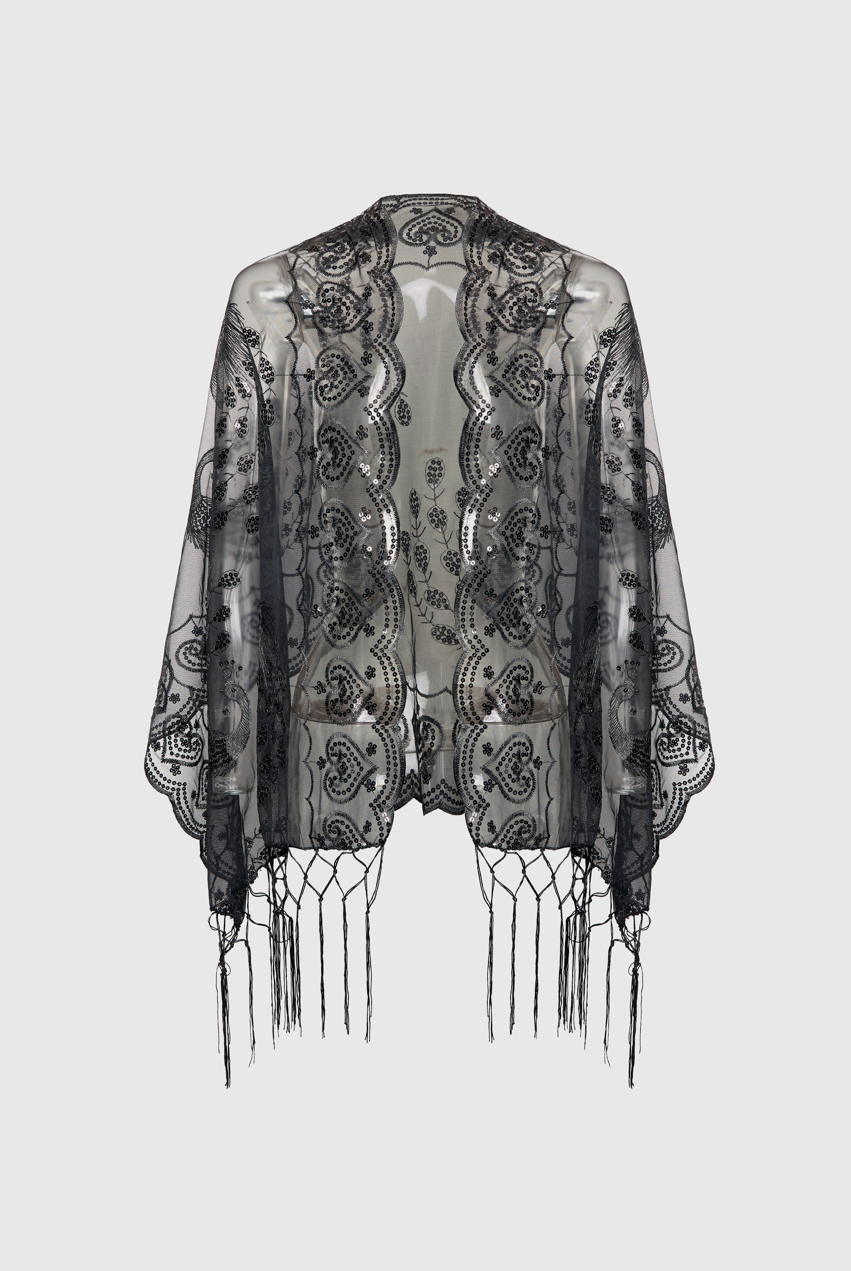 1920s Embroidered Sequin Peacock Shawl | Black | 1