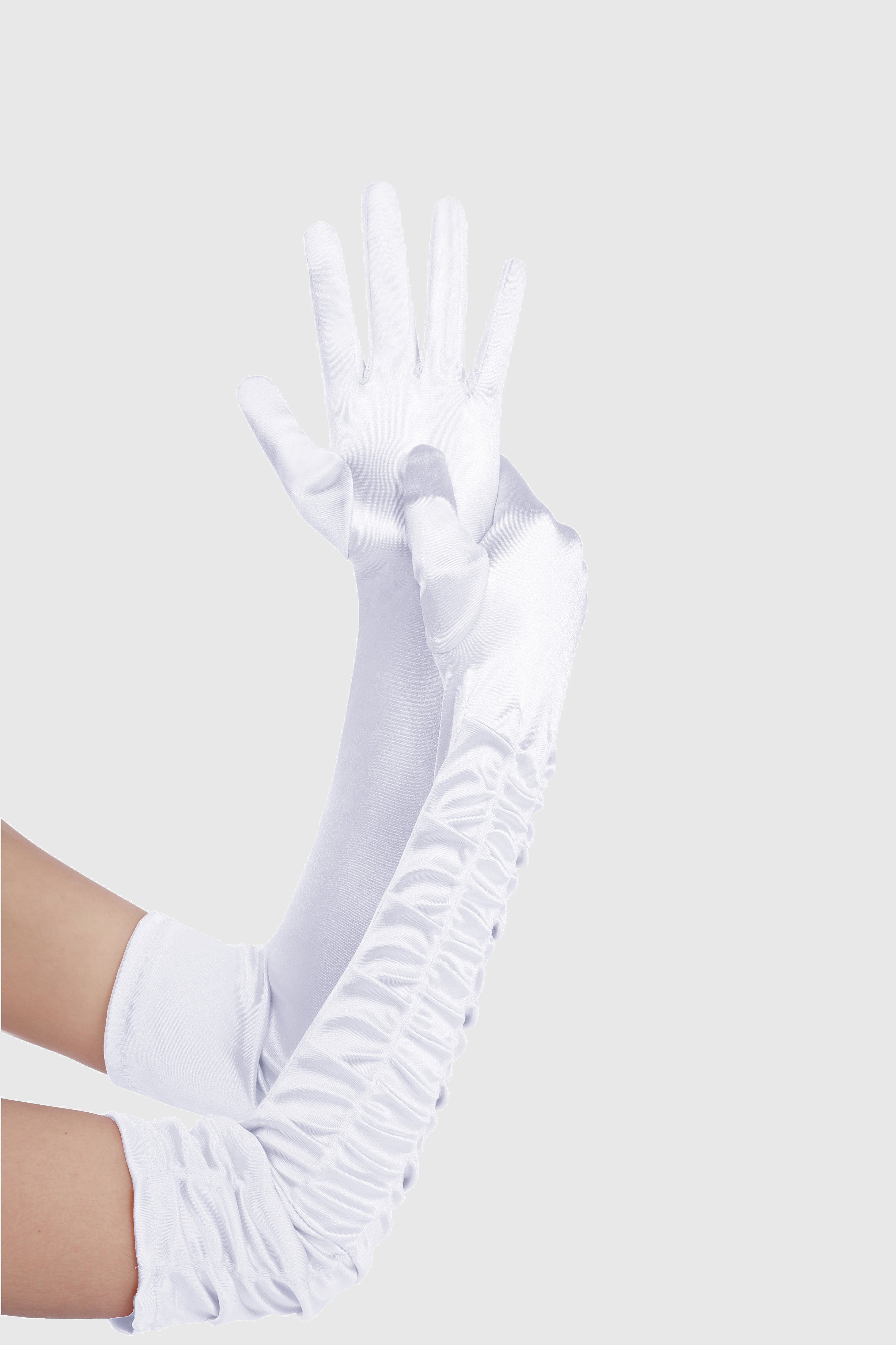 20.5" Wave Pleated Satin Stretchy Gloves | White | 4