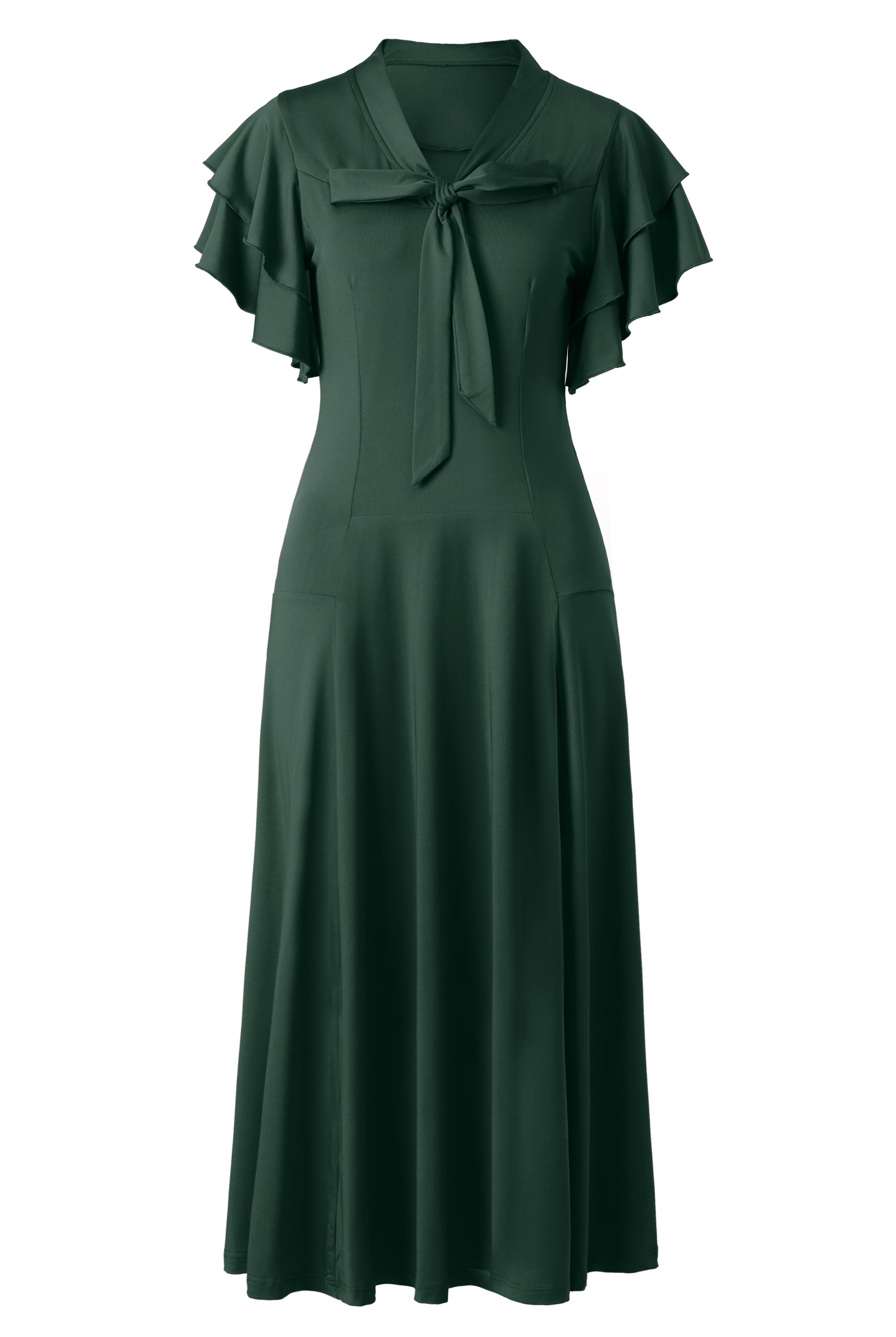 Retro Tie Neck Midi Ruffle Dress | Dark Green | 5
