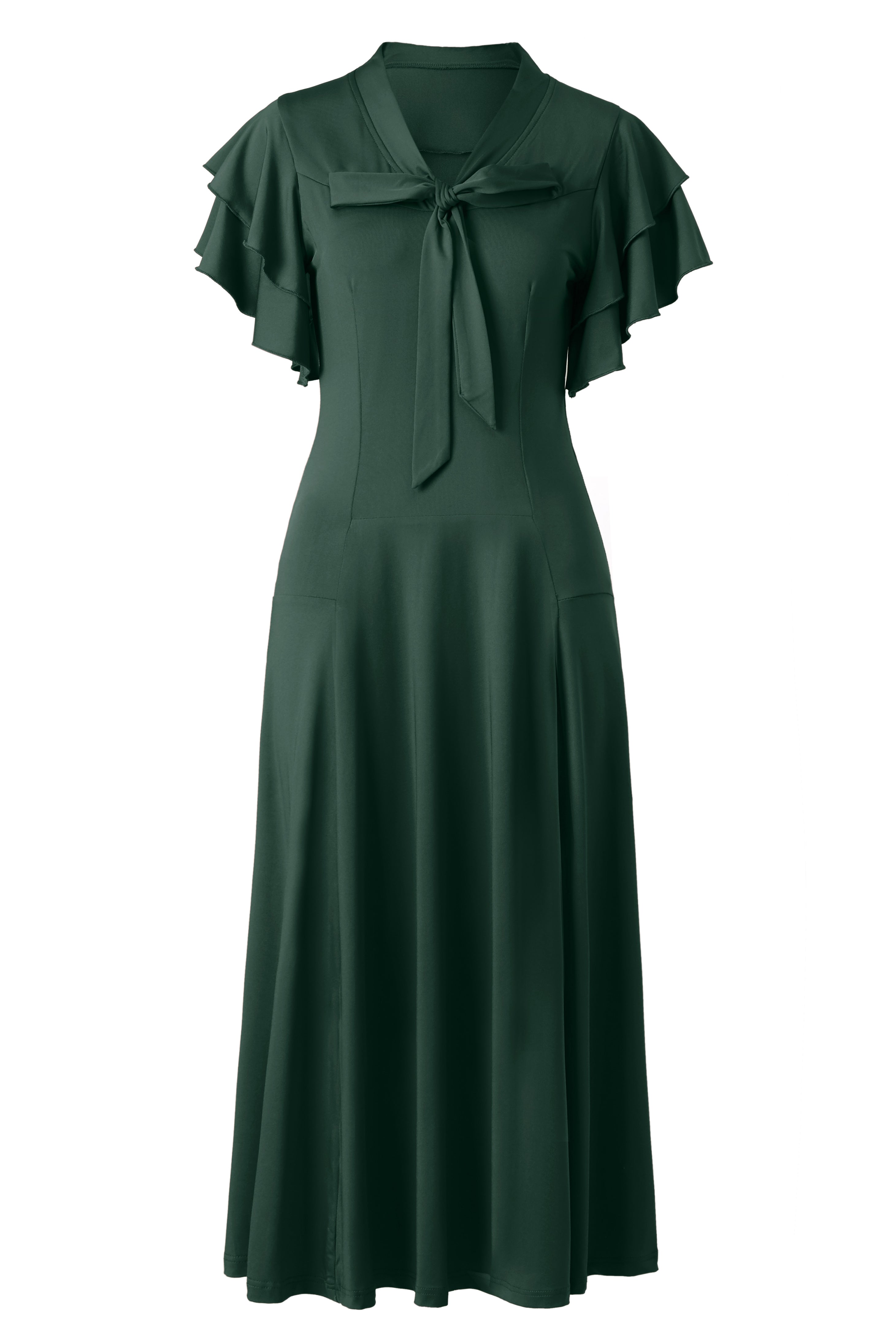 Retro Tie Neck Midi Ruffle Dress | Dark Green | 5