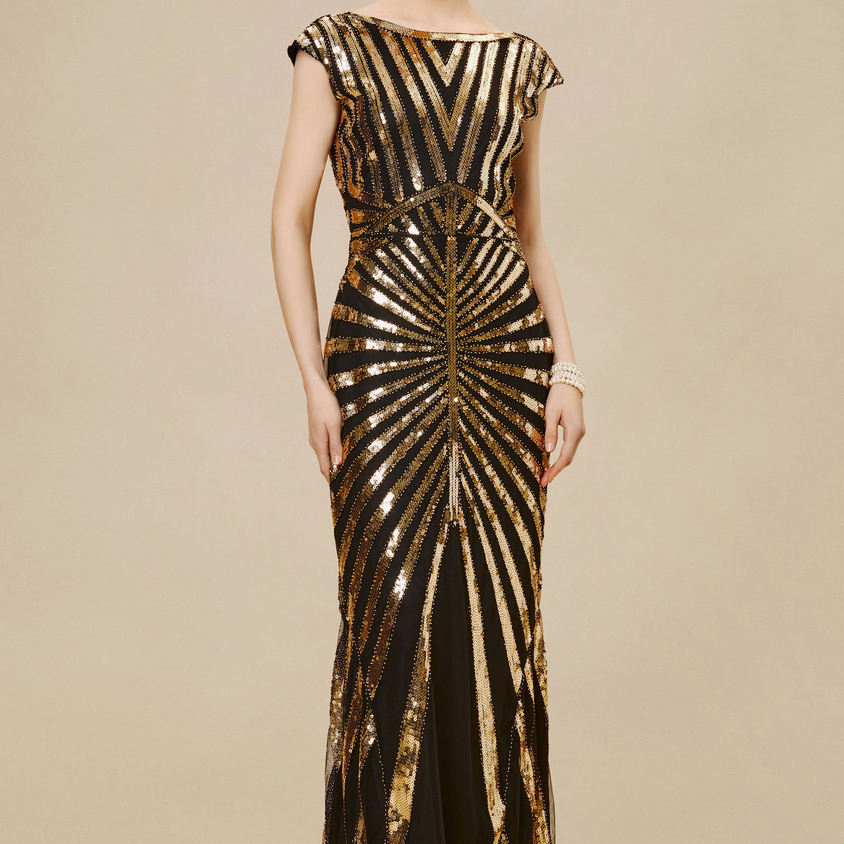 long sleeve art deco dress BABEYOND Boat Neck Vintage Sequin Art Deco Long Prom Dress, 20s Hollywood Actress Costume, Gold / Black, Size XS