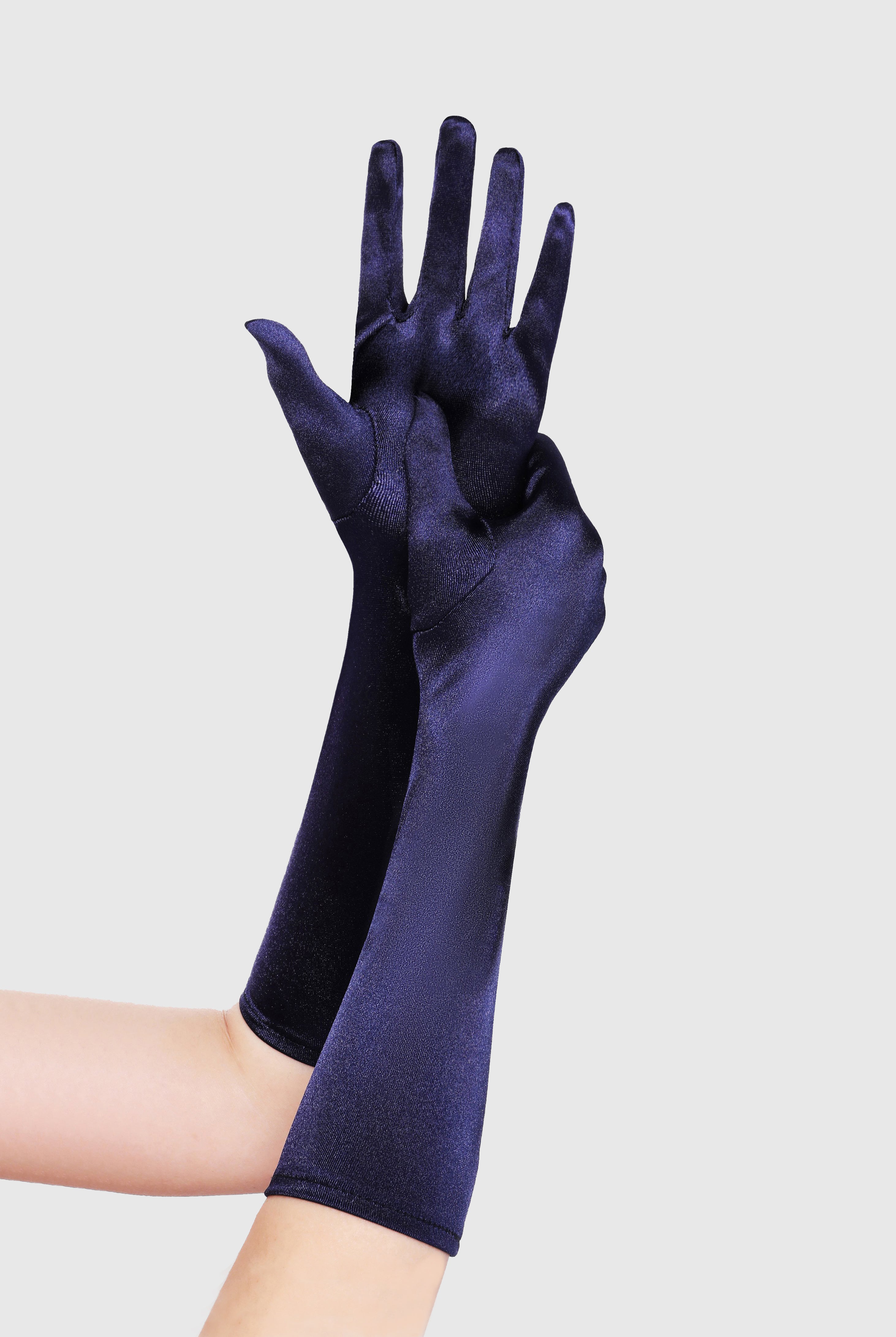 15" Long Satin Stretchy Flapper Gloves | Navy Blue | 1