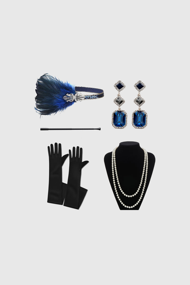1920s Flapper Crystal Accessories Set in black blue and white color motif - feather fascinator, blue crystal earrings, black gloves, cigarette holder and double-strand pearls