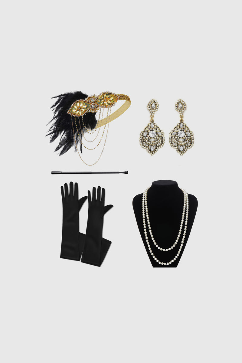 a 1920s Flapper Costume Accessories Set complete with black gloves, cigarette holder, pearl strand, gold fascinator, and a pair of glittery earrings