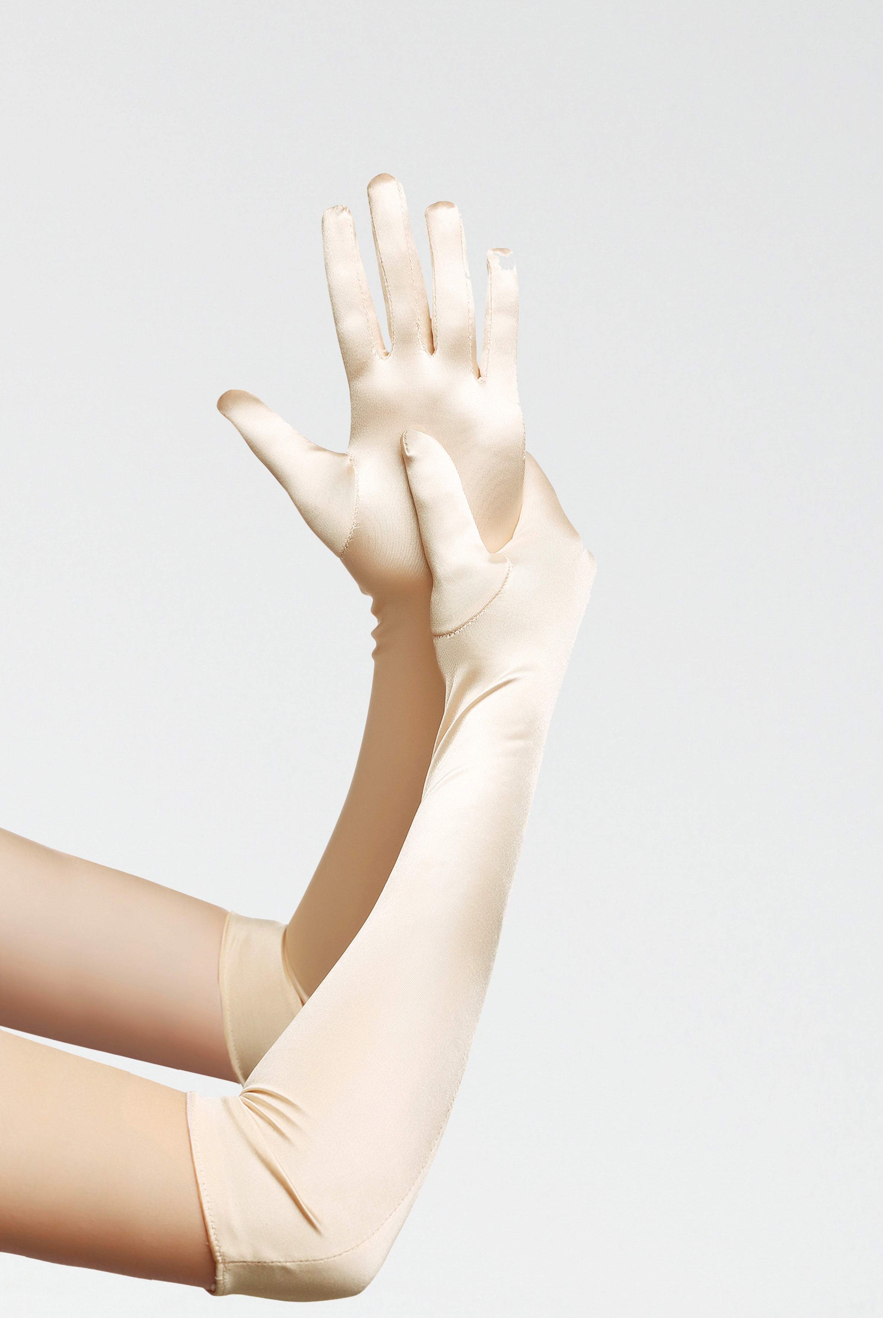 21.6" Long Satin Stretchy Flapper Gloves | Sea Shell | 7