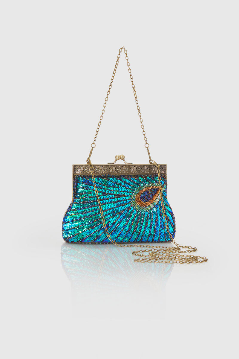 1920s Gatsby Peacock Sequined Clutch with chain handle and strap