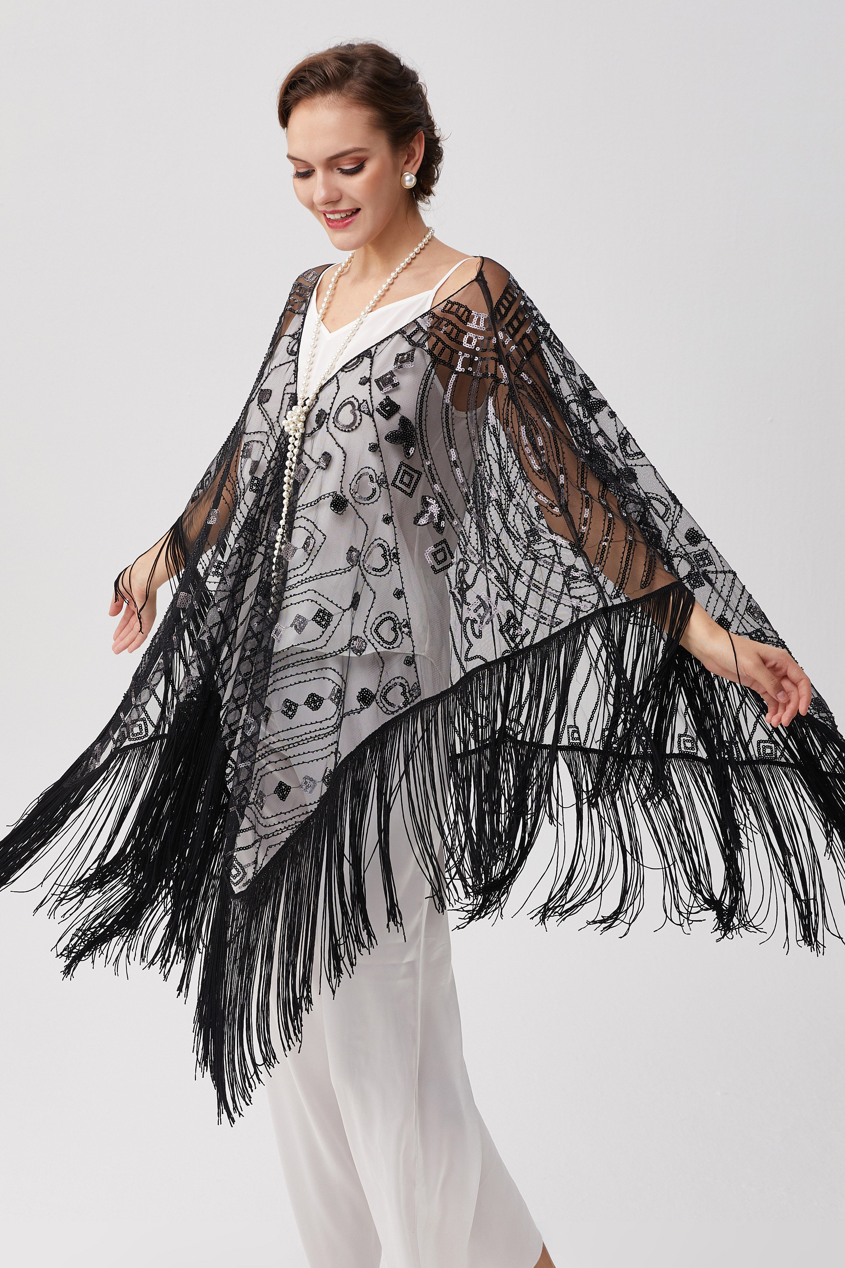 1920s Knee Length Fringed Shawl | Black | 18