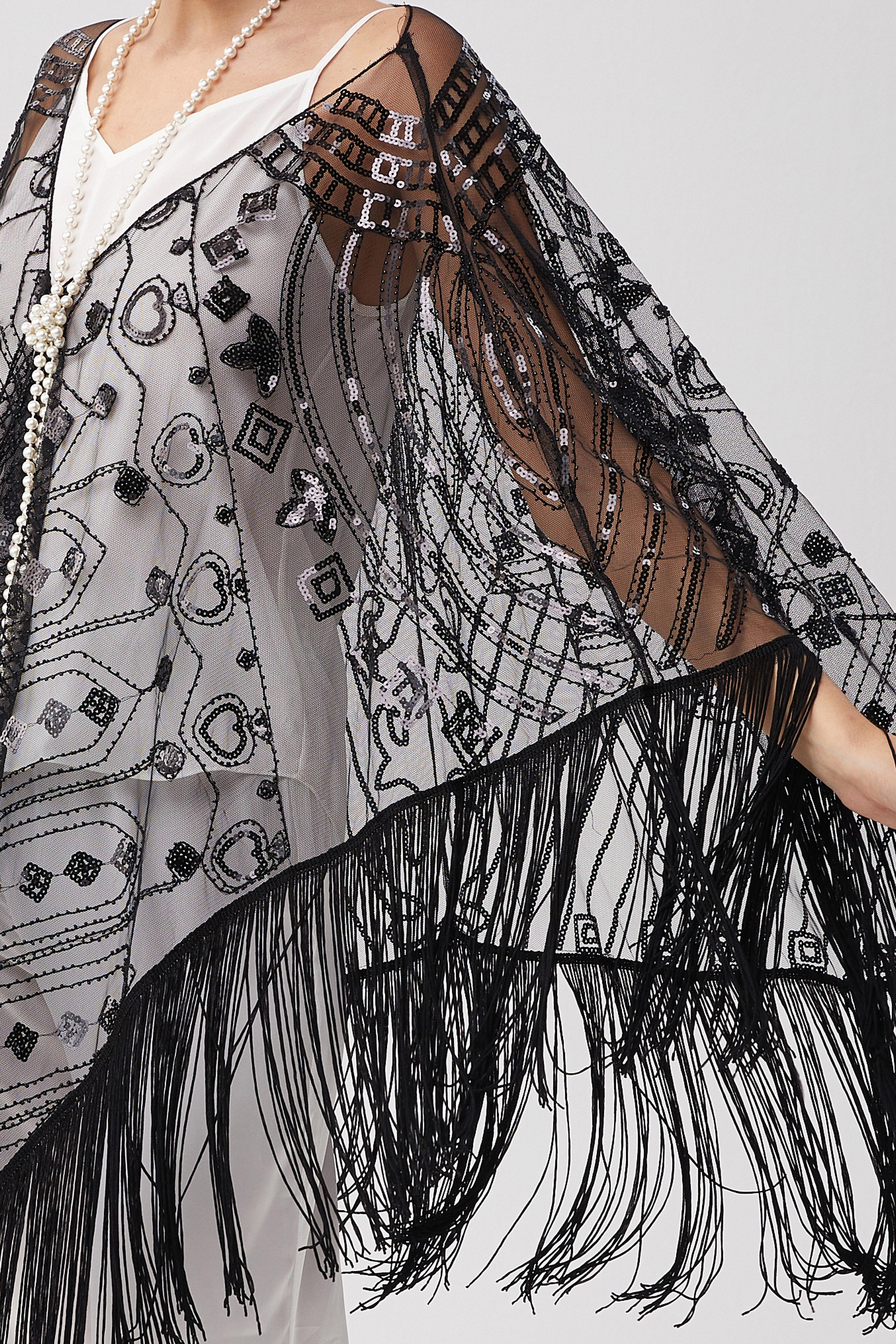 1920s Knee Length Fringed Shawl | Black | 19