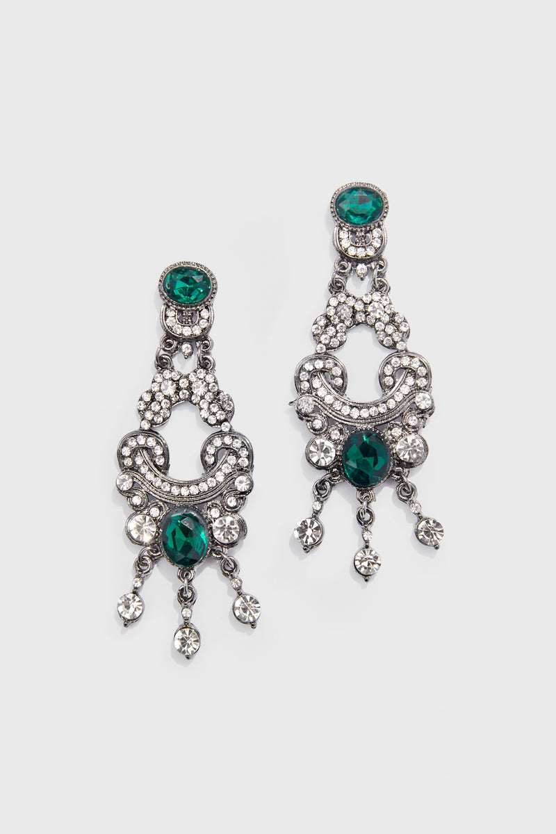 1920s Jewelry - Art Deco Crystal Dangle Earrings crystal studded emerald stones