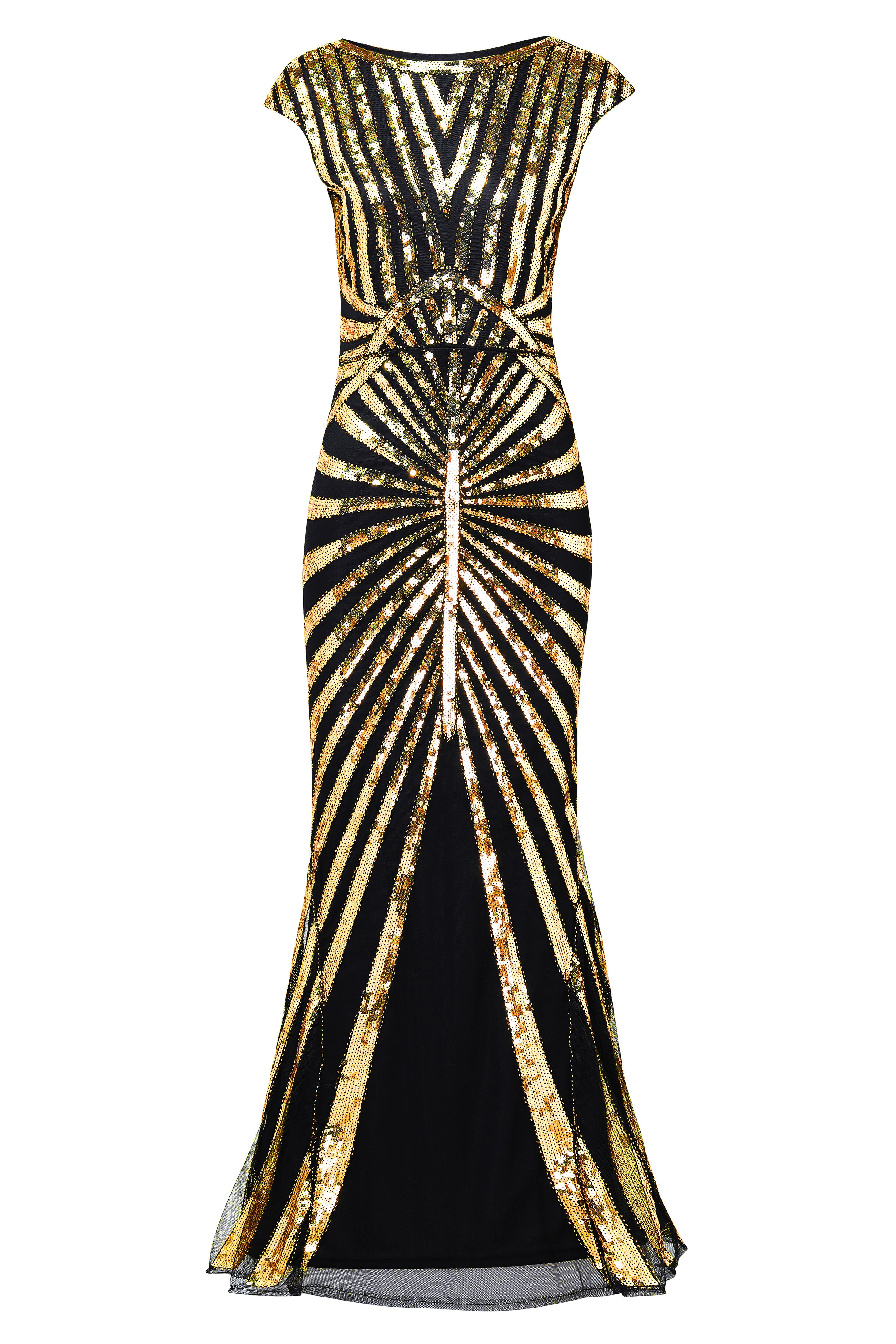 Art Deco Cap Sleeve Sequin Maxi Dress | Goldblack | 3